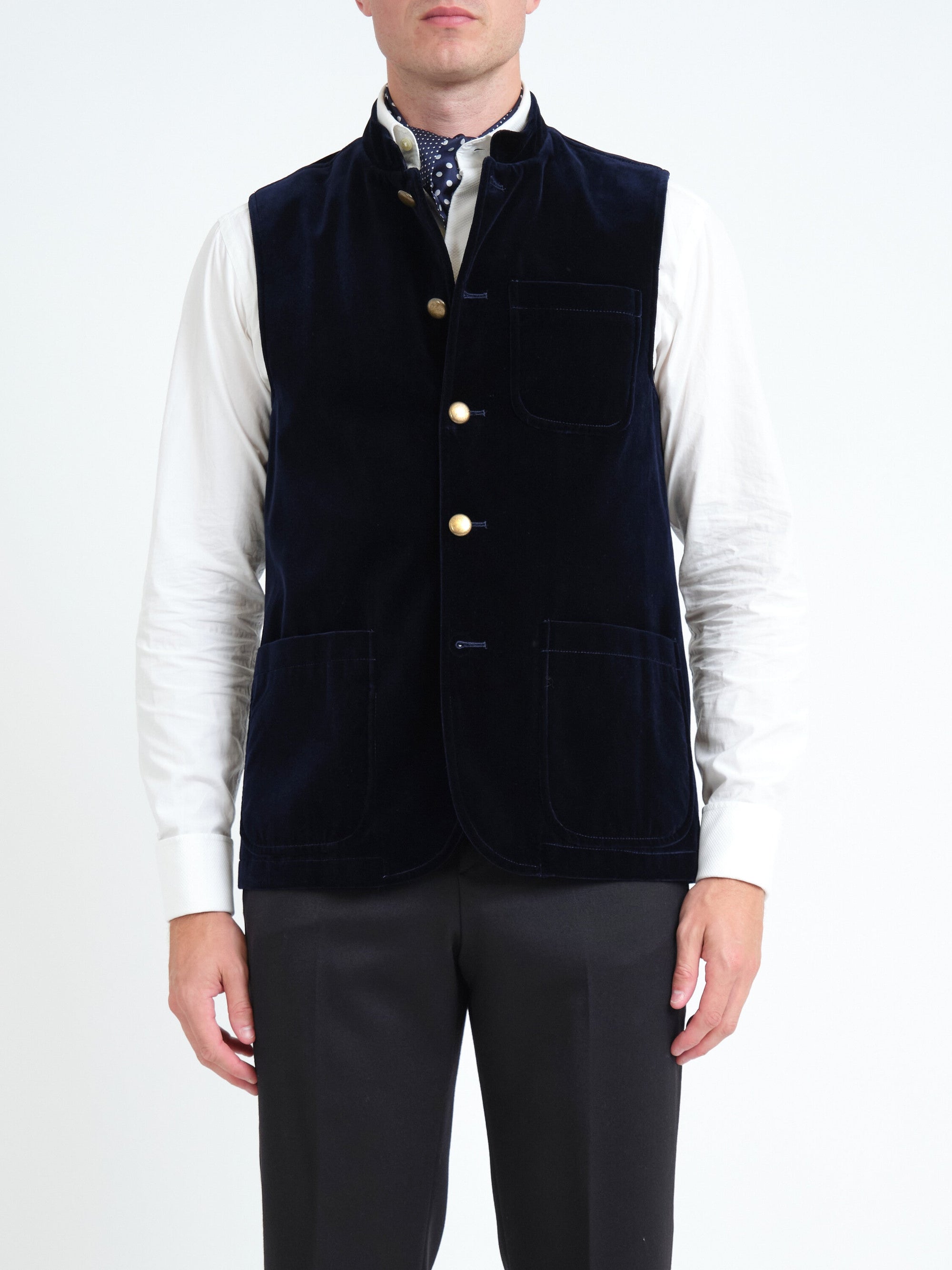 Navy Mayfair Velvet Wiltshire Gilet — front, cropped
