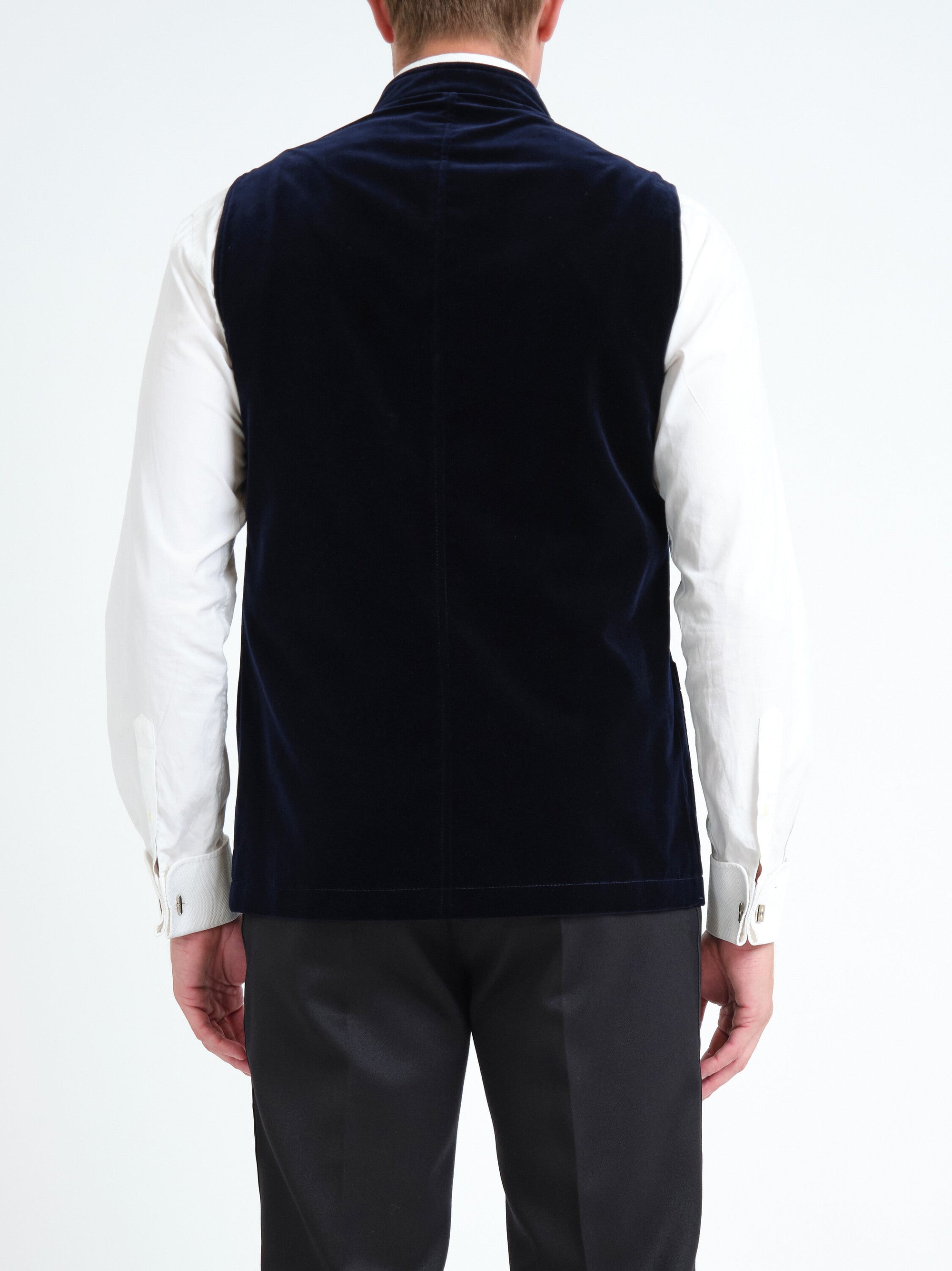 Navy Mayfair Velvet Wiltshire Gilet — back, cropped