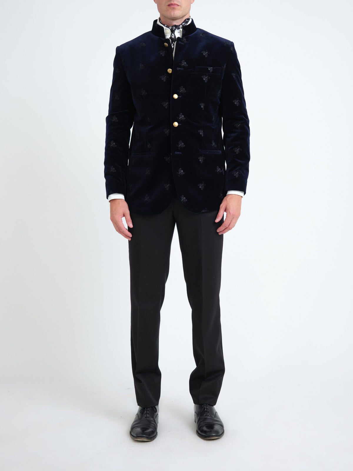 Navy Velvet Black Bees Nehru Jacket — front