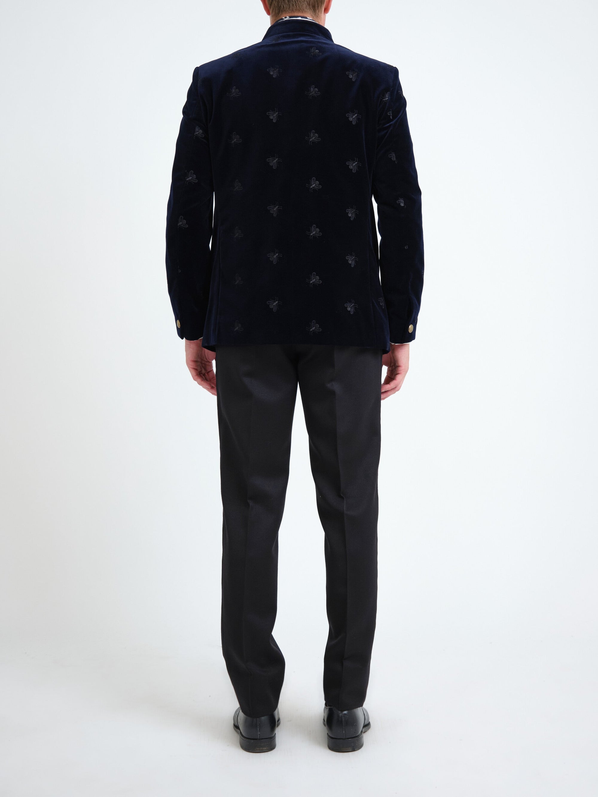 Navy Velvet Black Bees Nehru Jacket — back