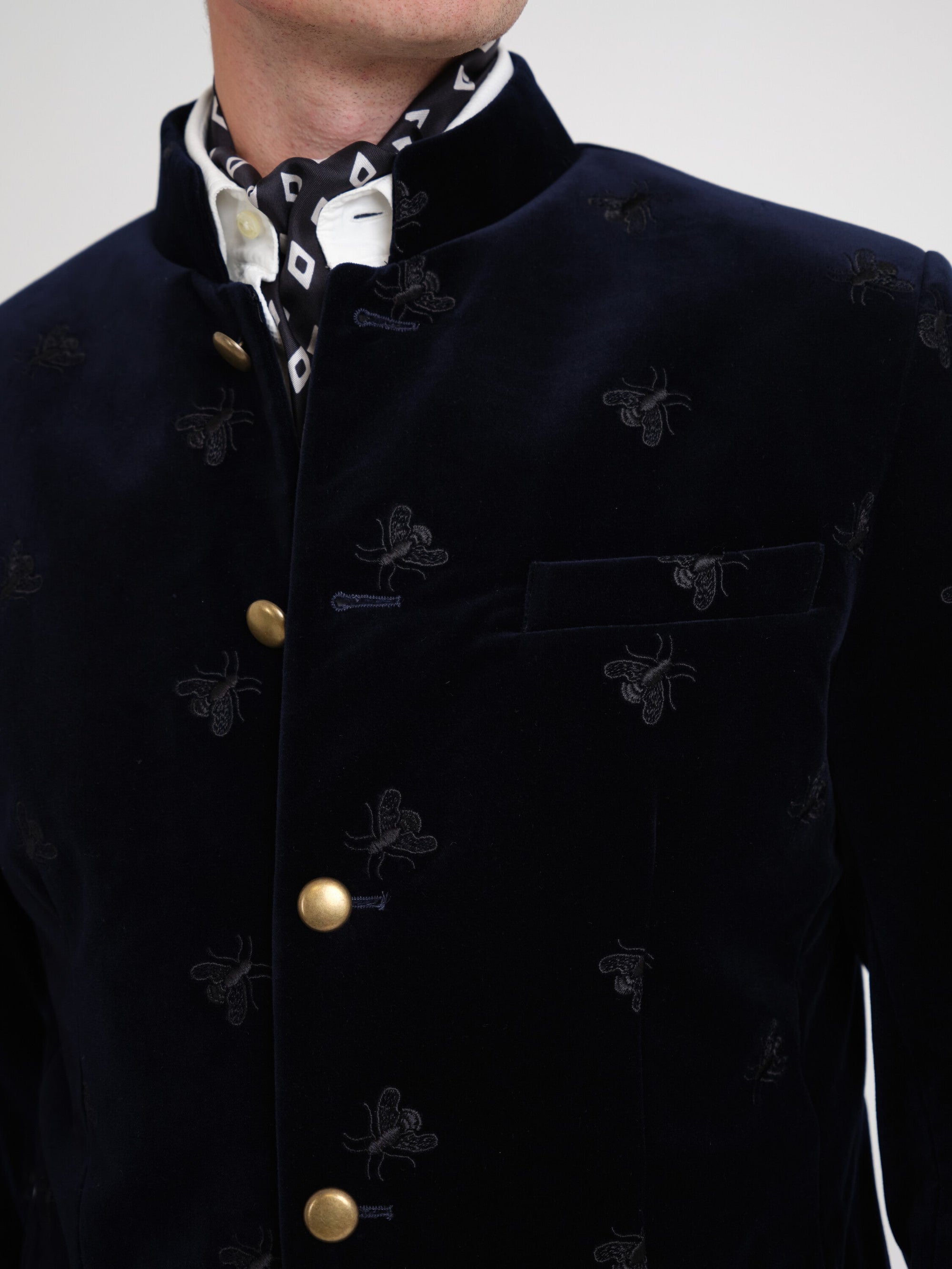 Navy Velvet Black Bees Nehru Jacket — fabric detail