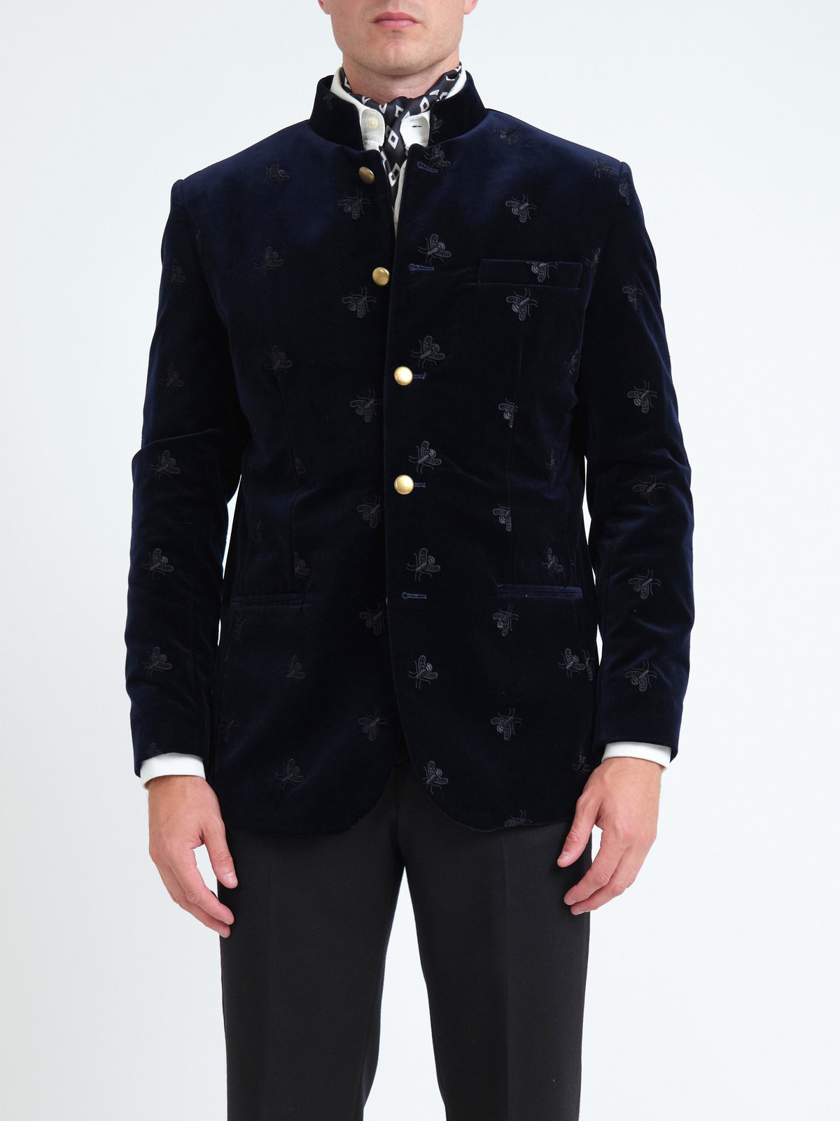 Navy Velvet Black Bees Nehru Jacket — front, cropped