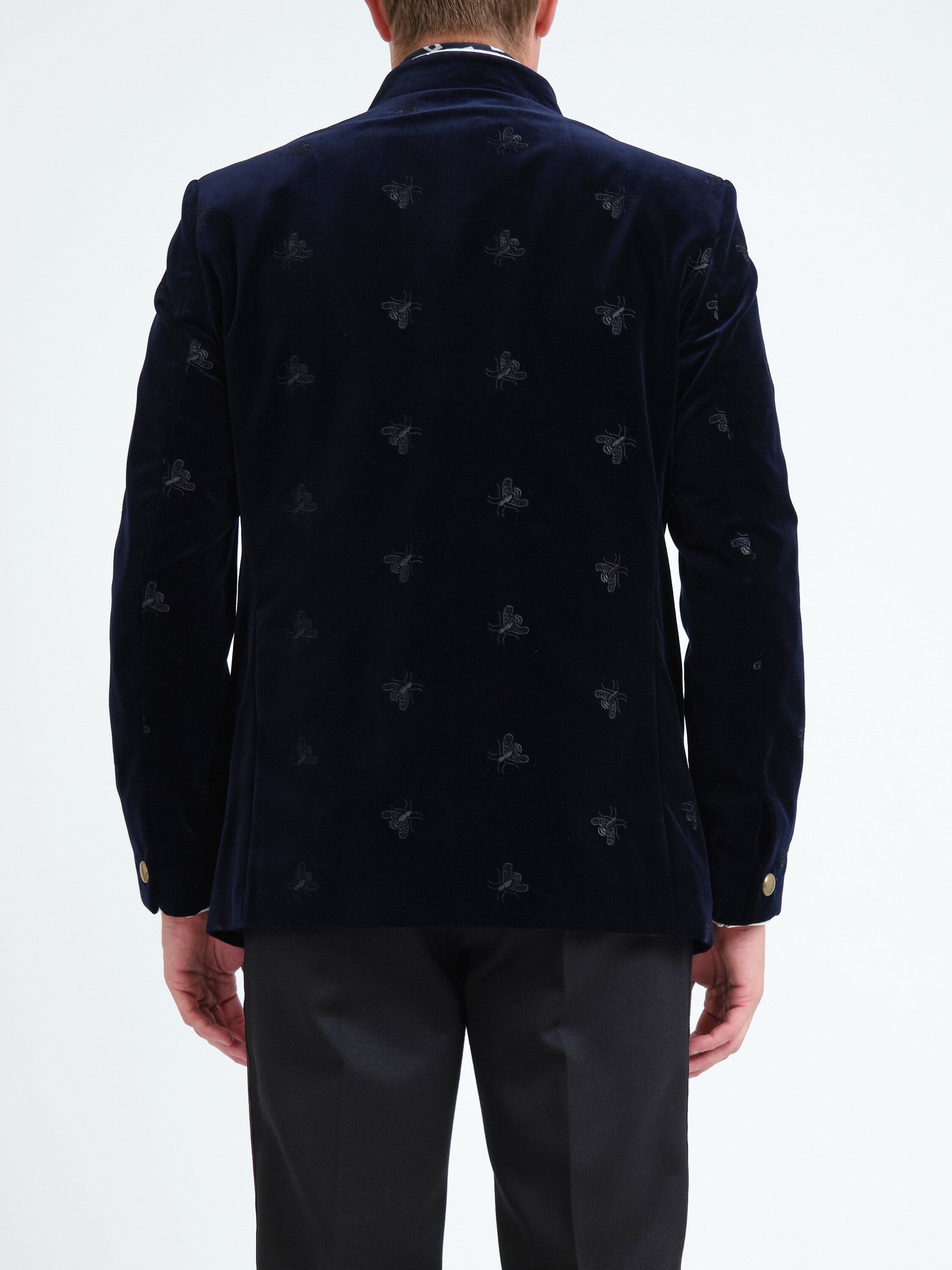 Navy Velvet Black Bees Nehru Jacket — back, cropped