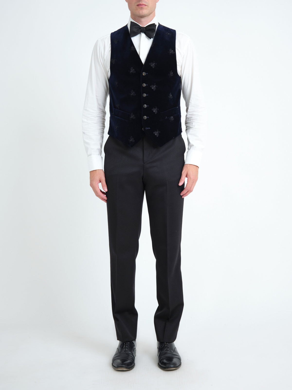 Navy Velvet Black Bees Single Breasted Waistcoat — front
