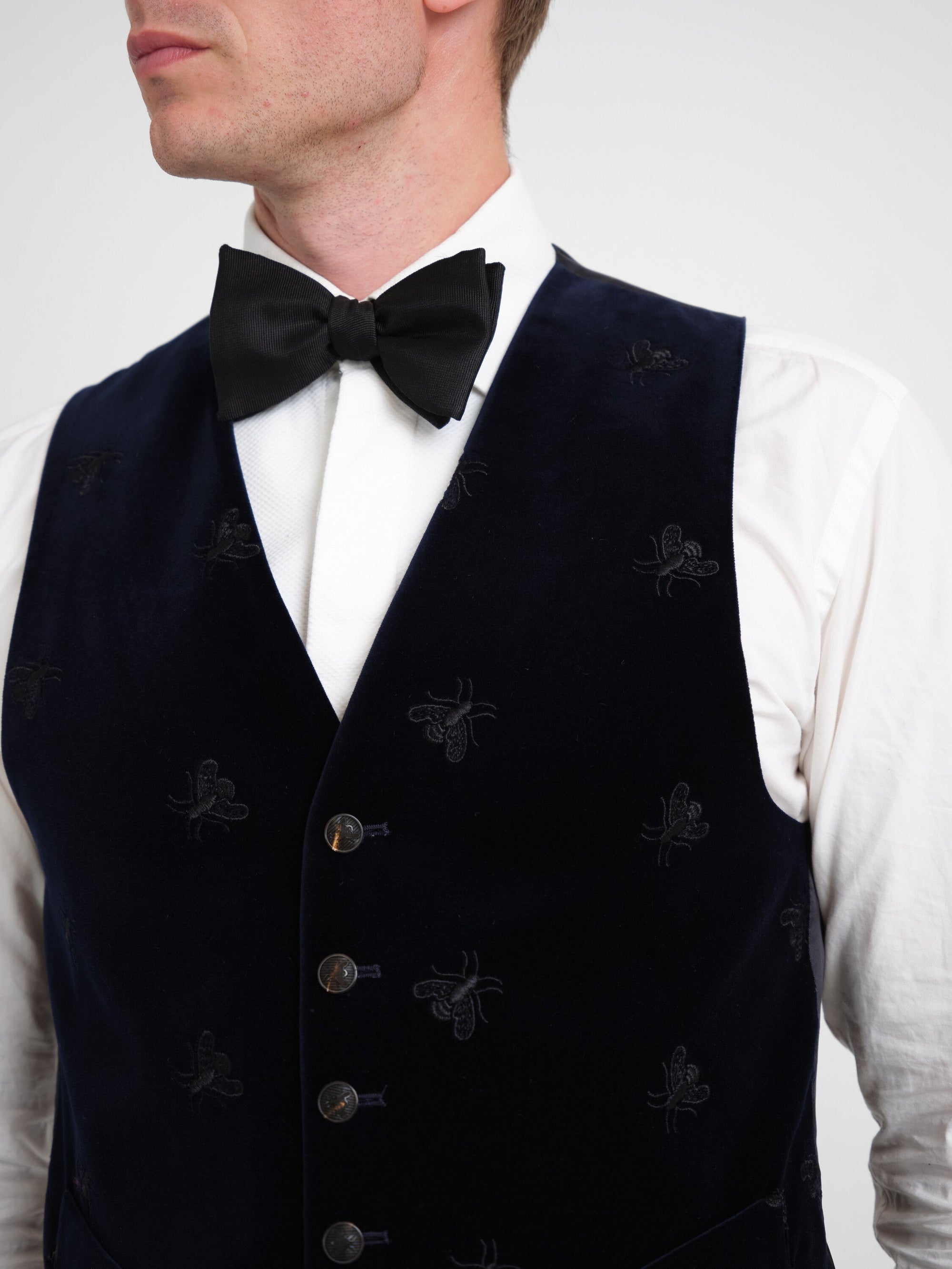 Navy Velvet Black Bees Single Breasted Waistcoat — fabric detail
