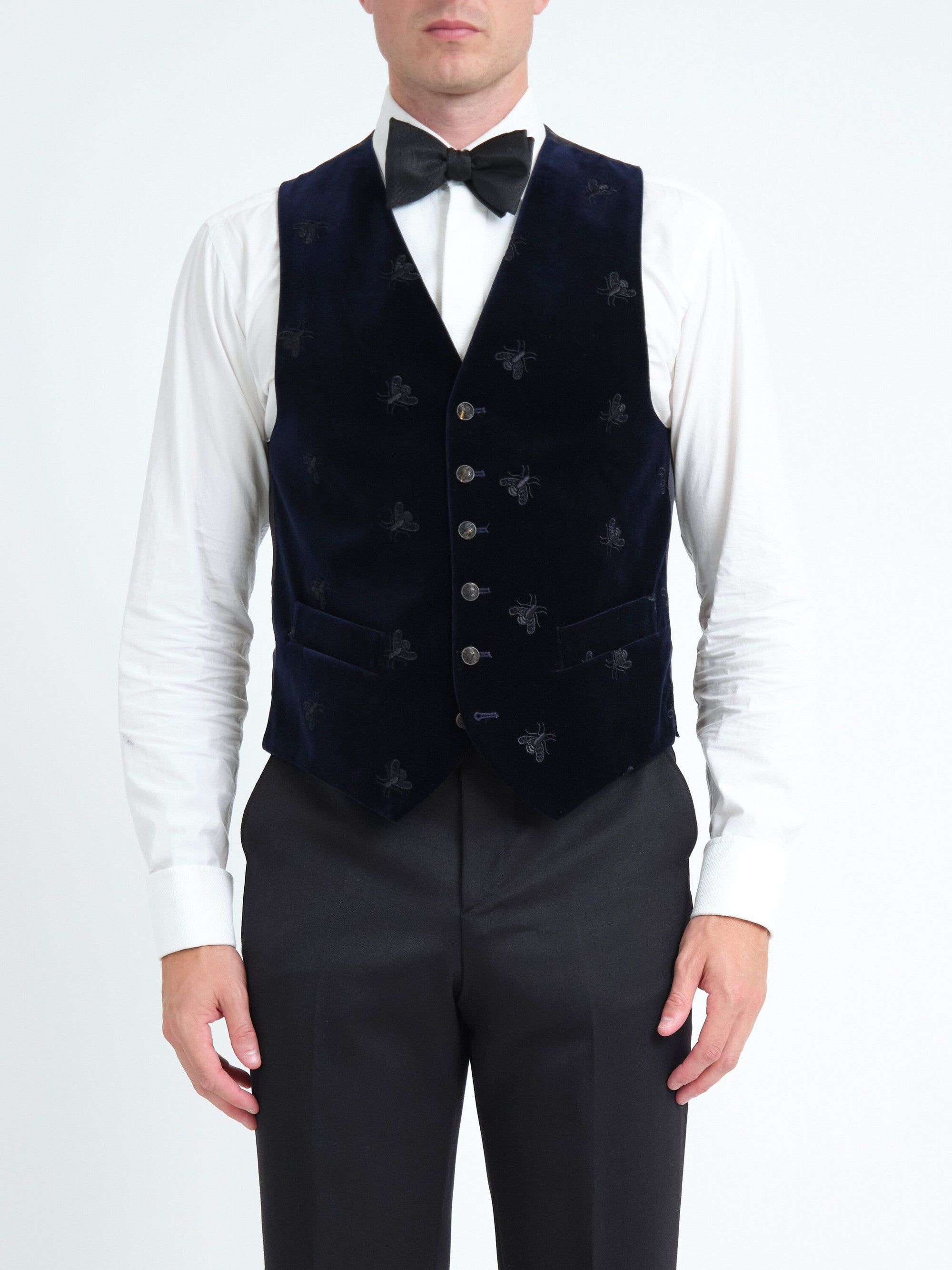 Navy Velvet Black Bees Single Breasted Waistcoat — front, cropped