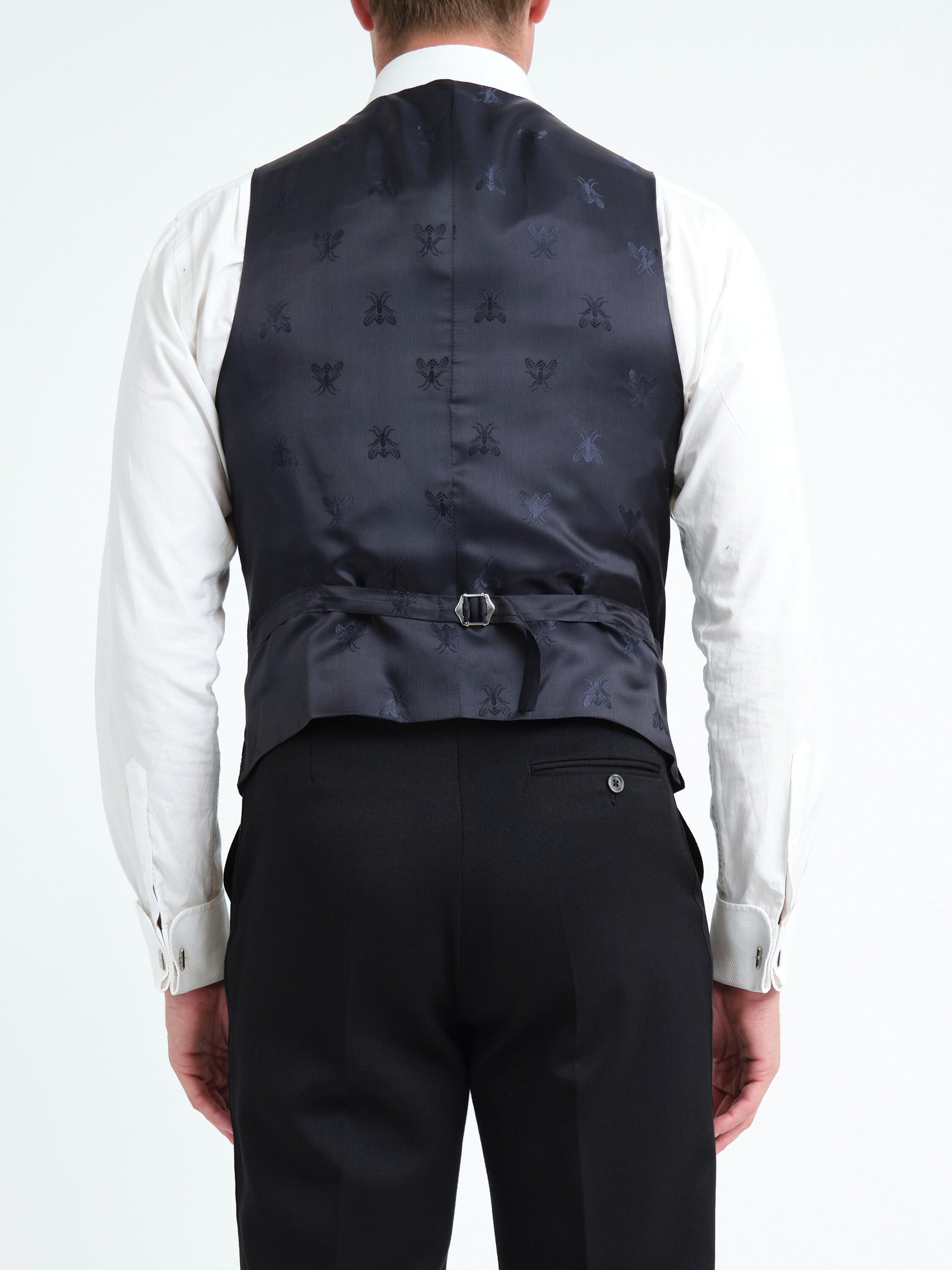 Navy Velvet Black Bees Single Breasted Waistcoat — back, cropped