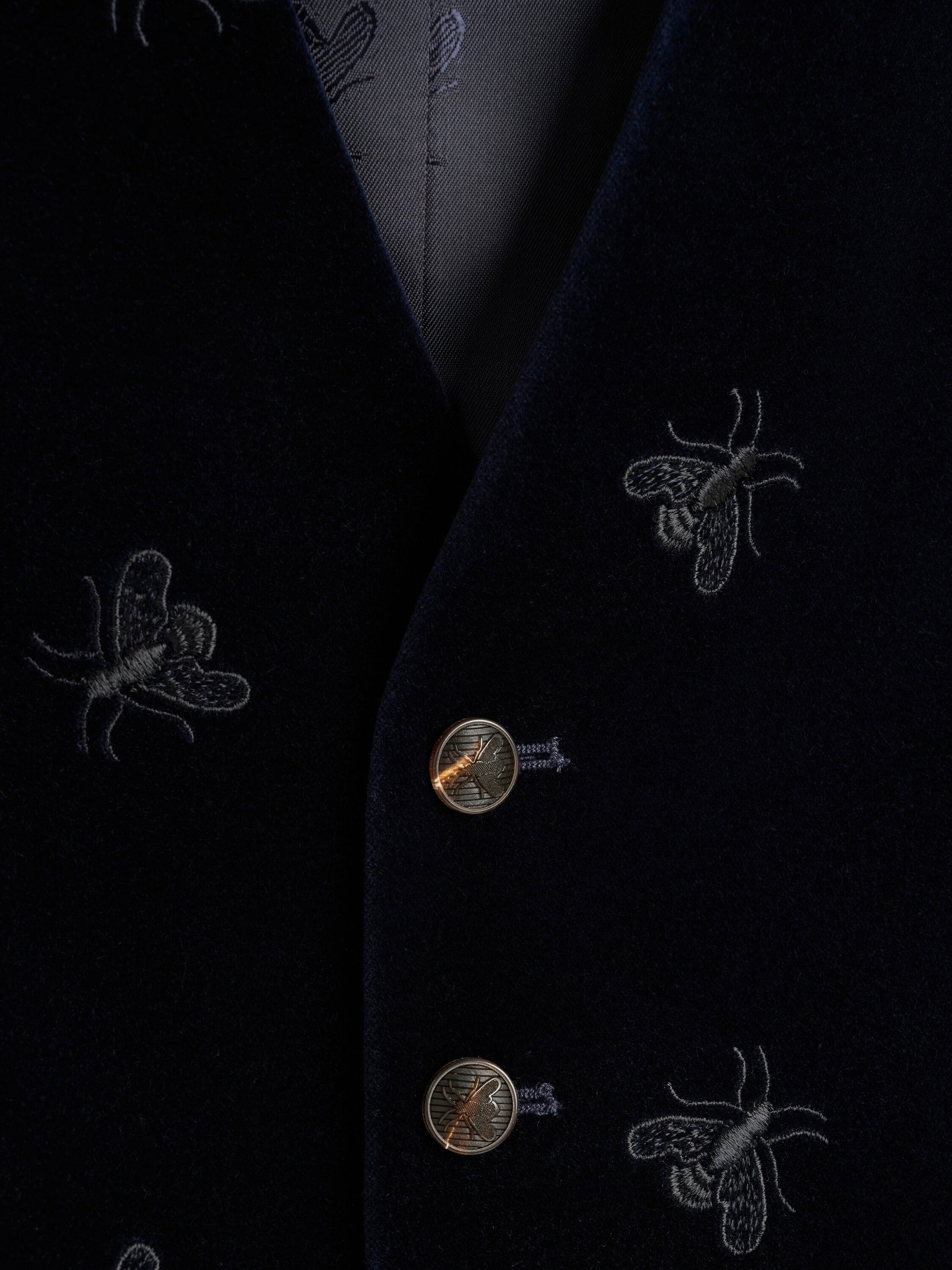 Navy Velvet Black Bees Single Breasted Waistcoat — flat detail