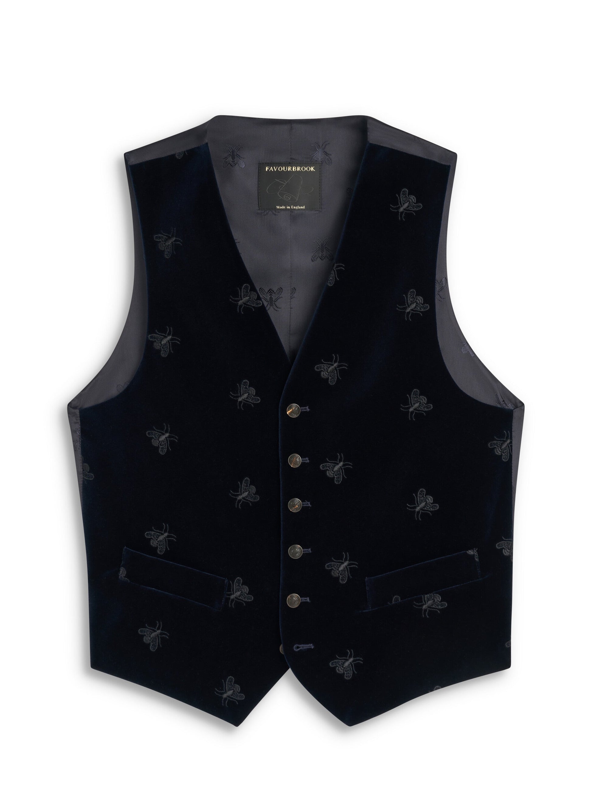 Navy Velvet Black Bees Single Breasted Waistcoat — flat