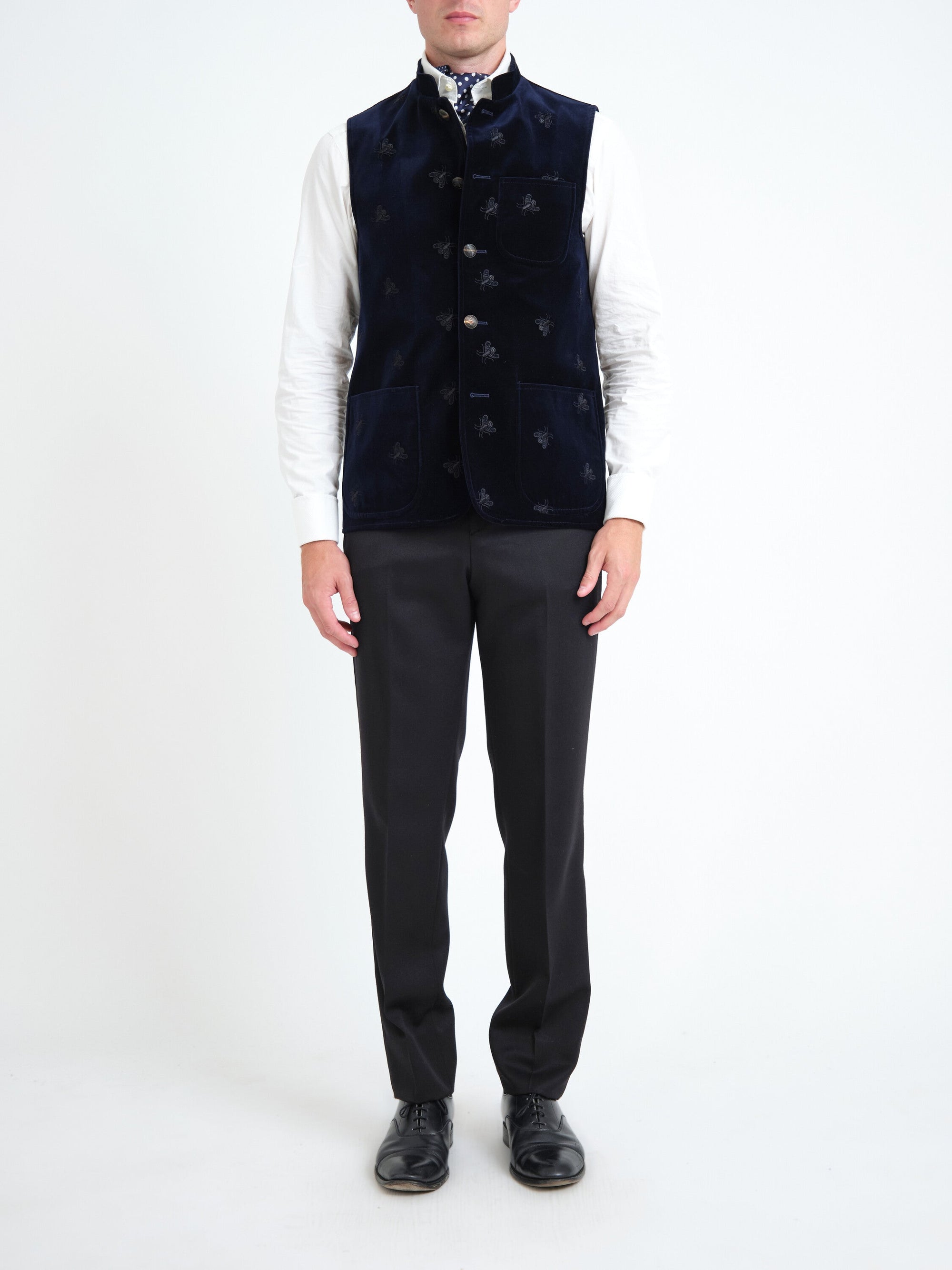 Navy Velvet Black Bees Wiltshire Gilet — front