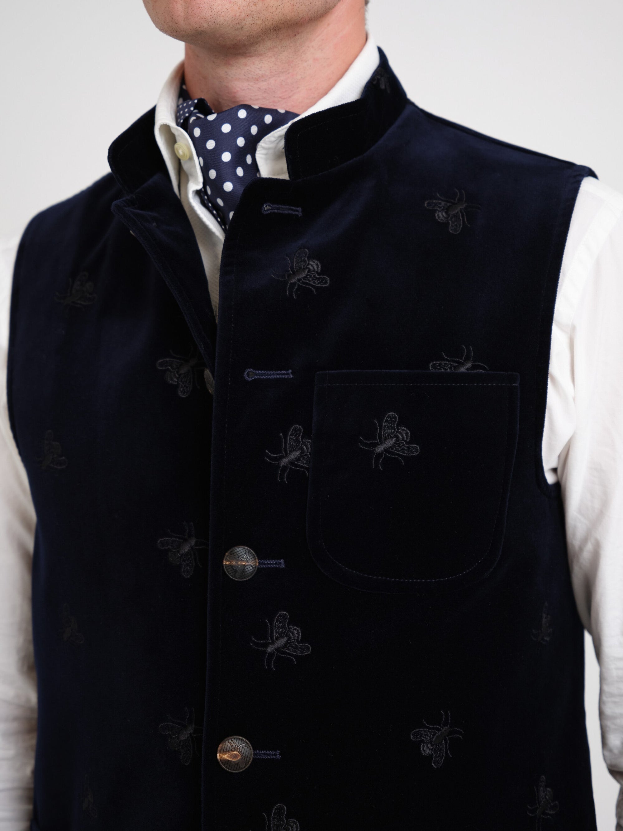 Navy Velvet Black Bees Wiltshire Gilet — fabric detail