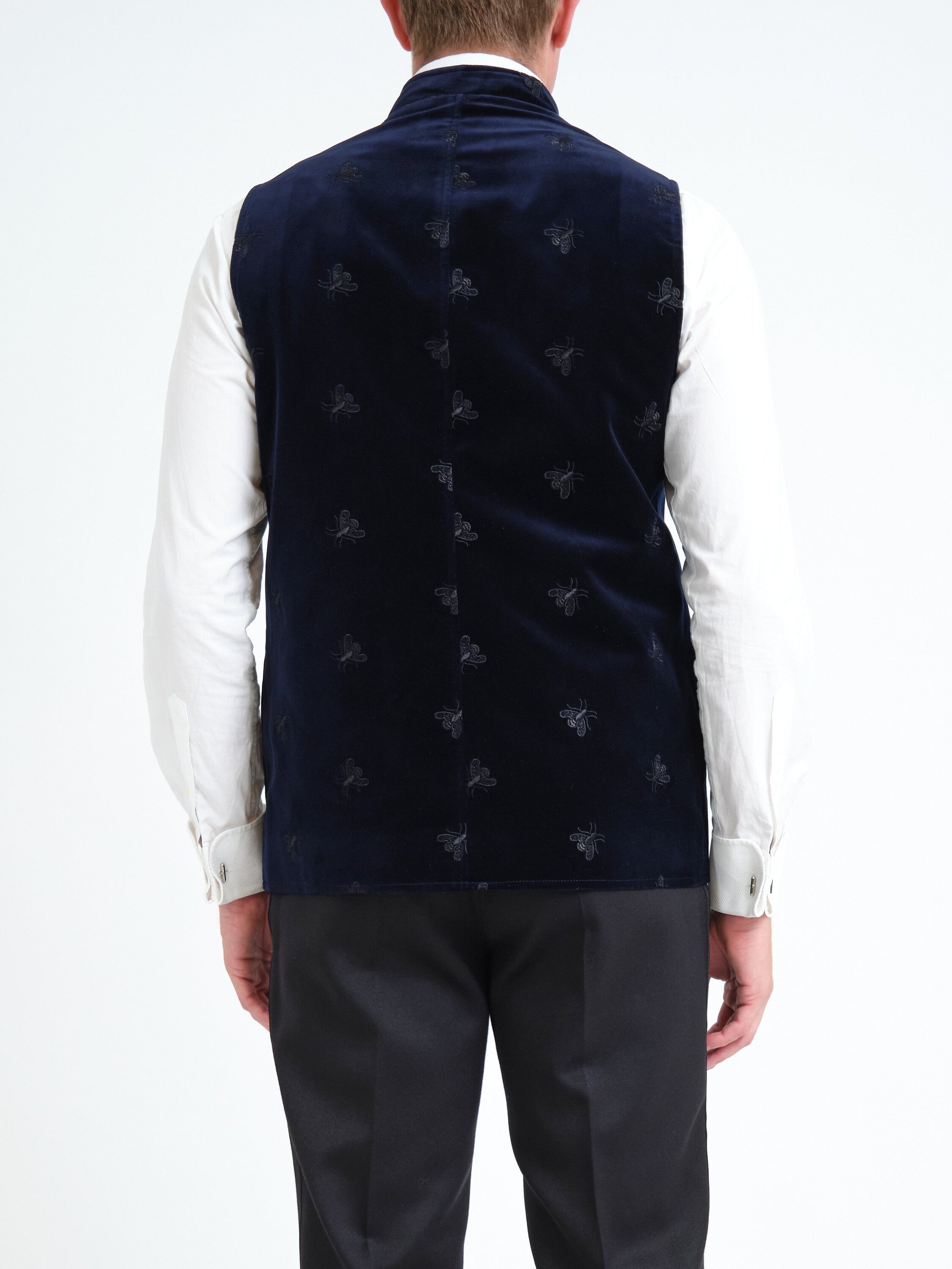 Navy Velvet Black Bees Wiltshire Gilet — back, cropped