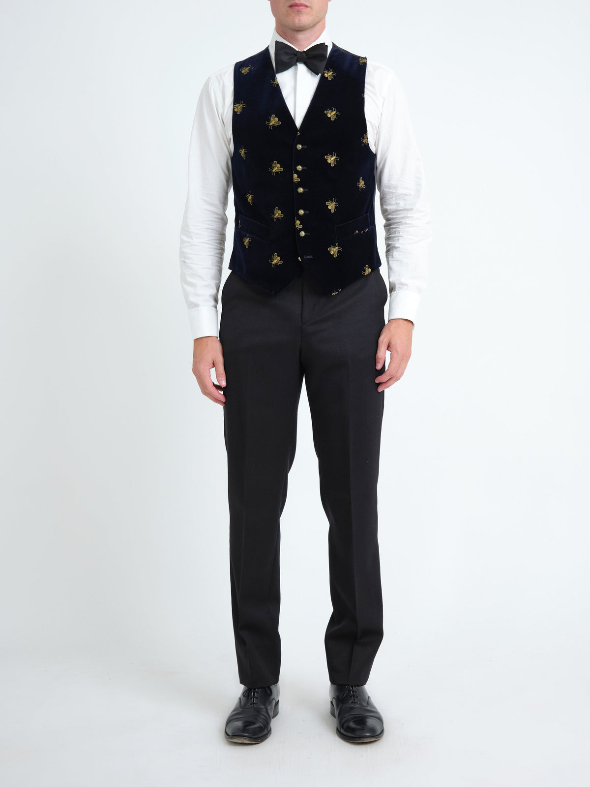 Navy Velvet Gold Bees Single Breasted Waistcoat — front
