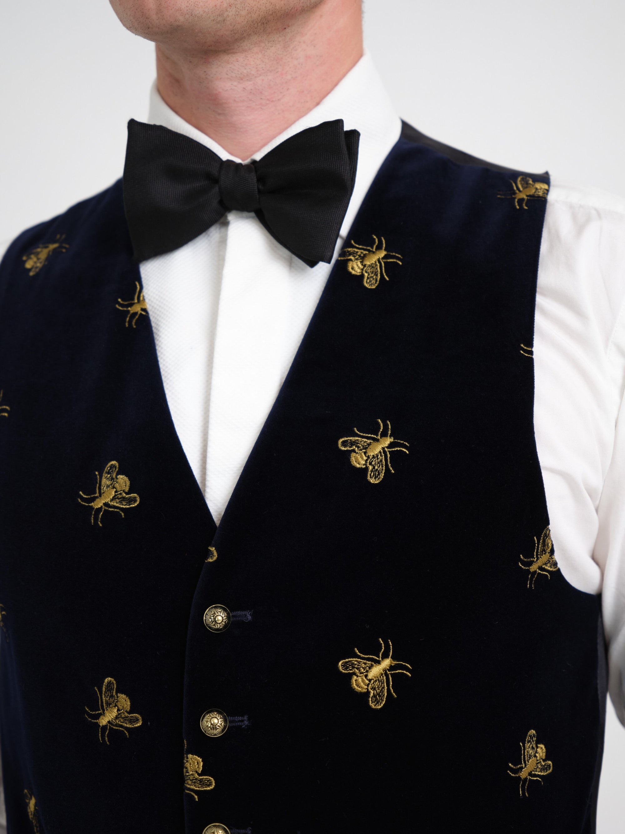 Navy Velvet Gold Bees Single Breasted Waistcoat — fabric detail