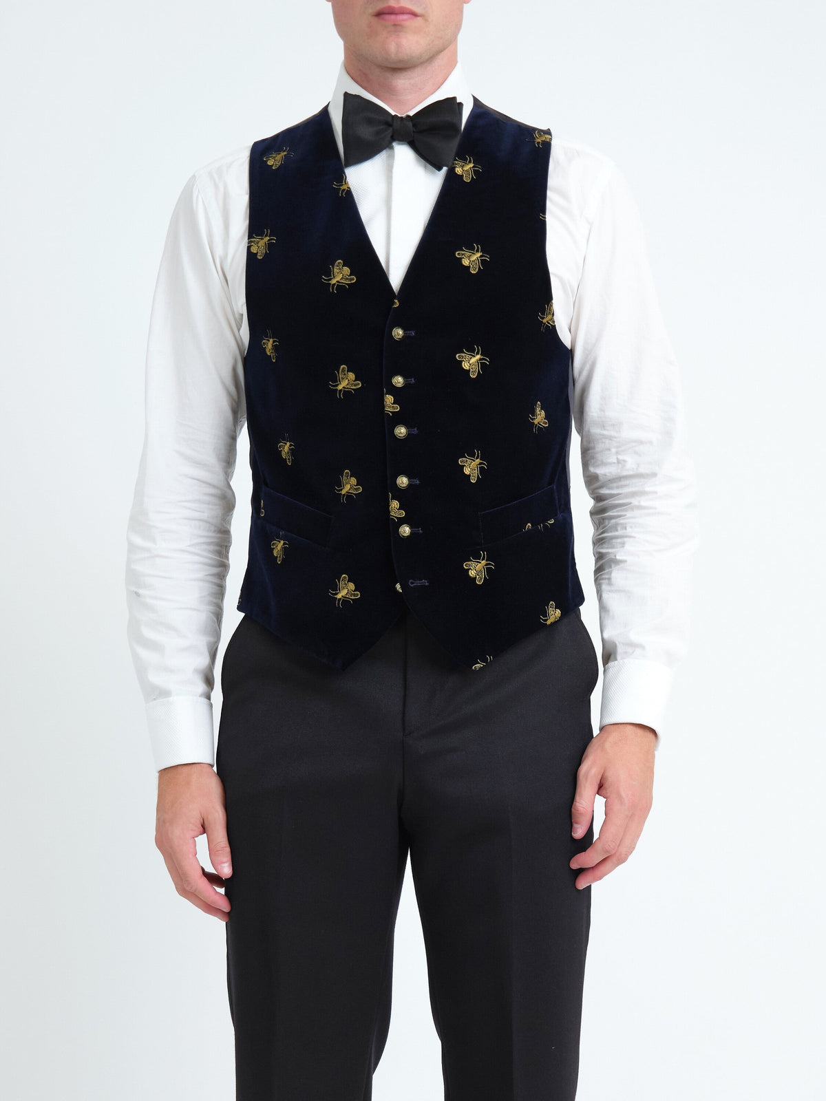 Navy Velvet Gold Bees Single Breasted Waistcoat — front, cropped