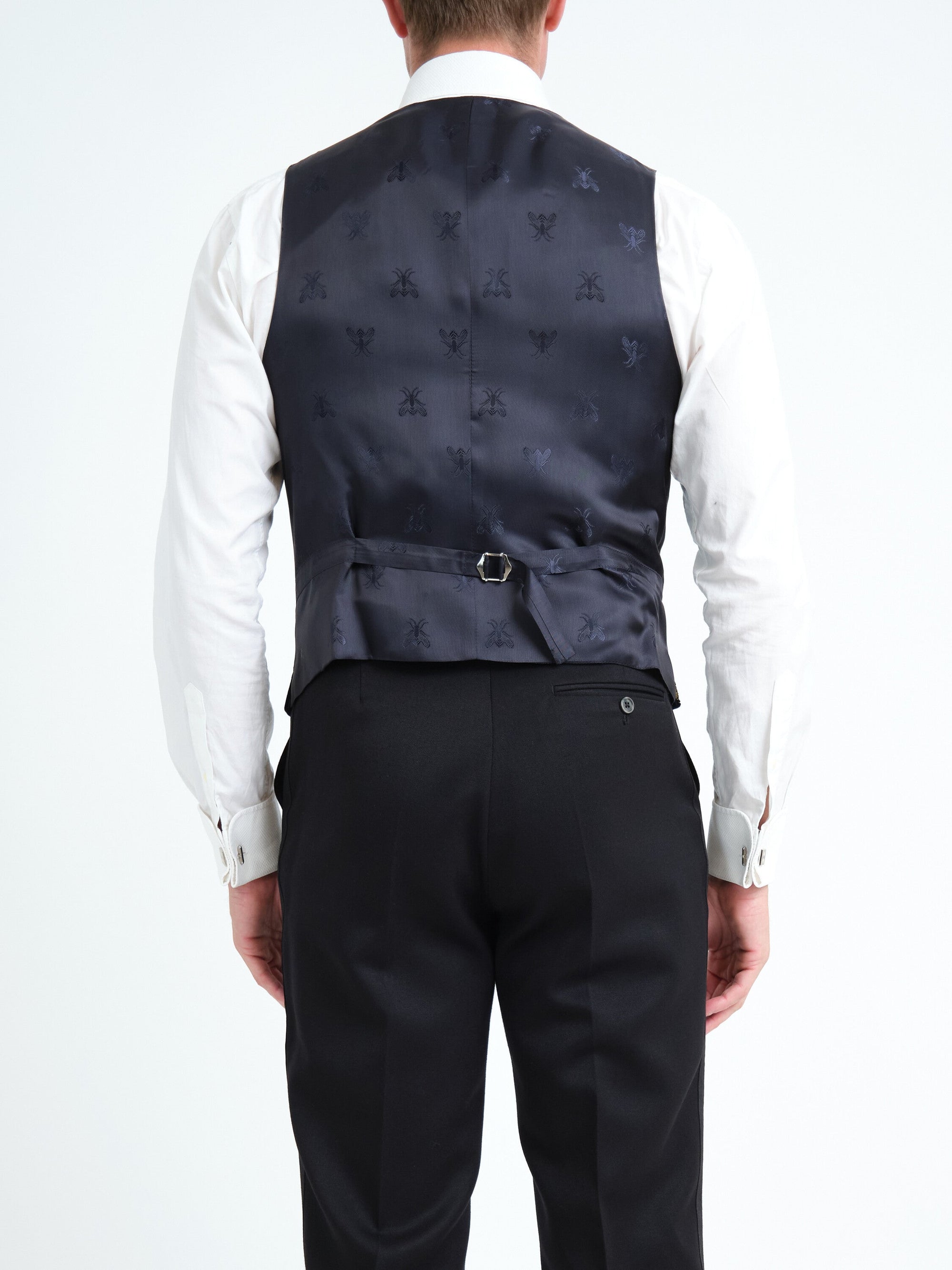 Navy Velvet Gold Bees Single Breasted Waistcoat — back, cropped