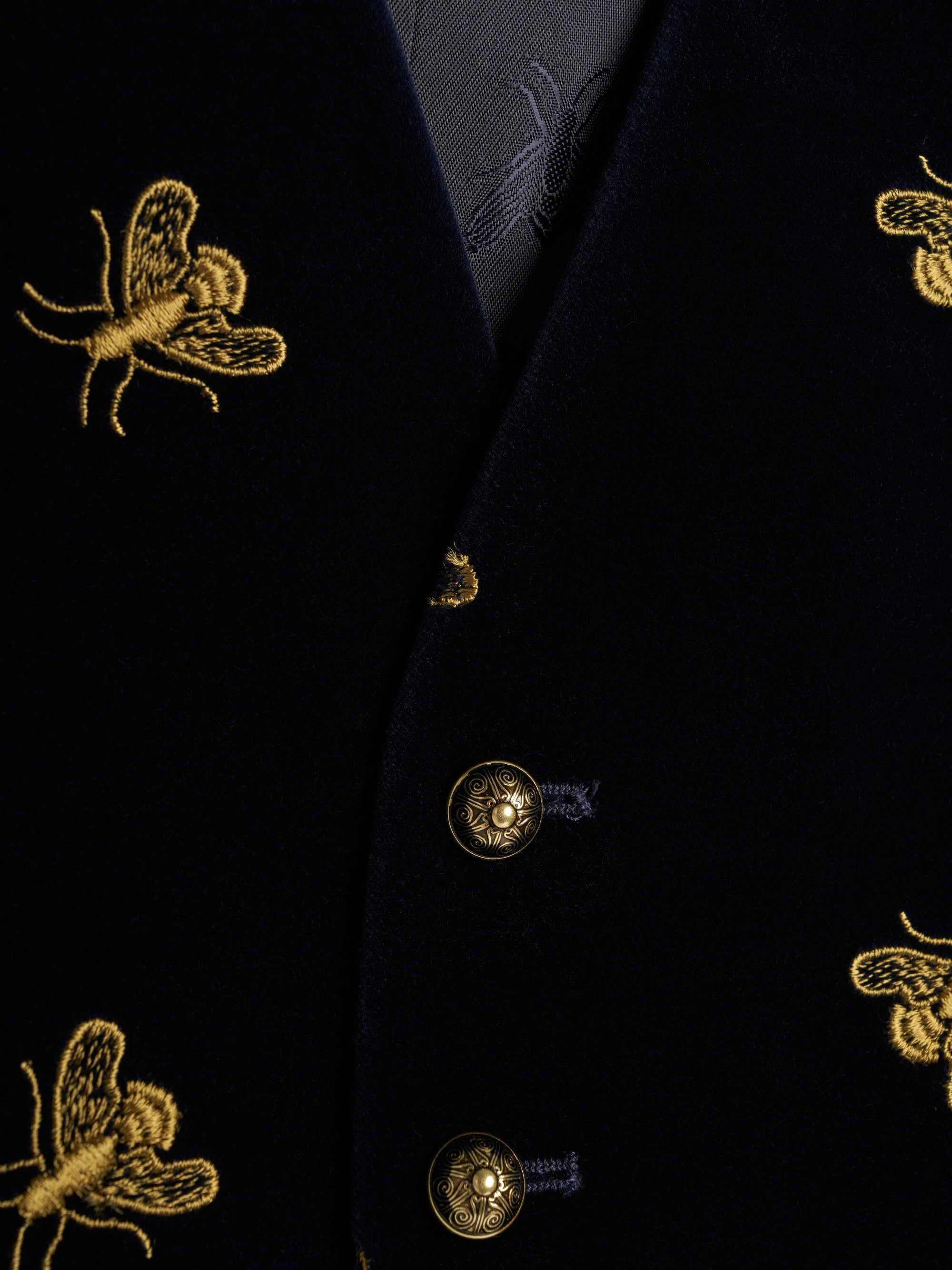 Navy Velvet Gold Bees Single Breasted Waistcoat — flat detail