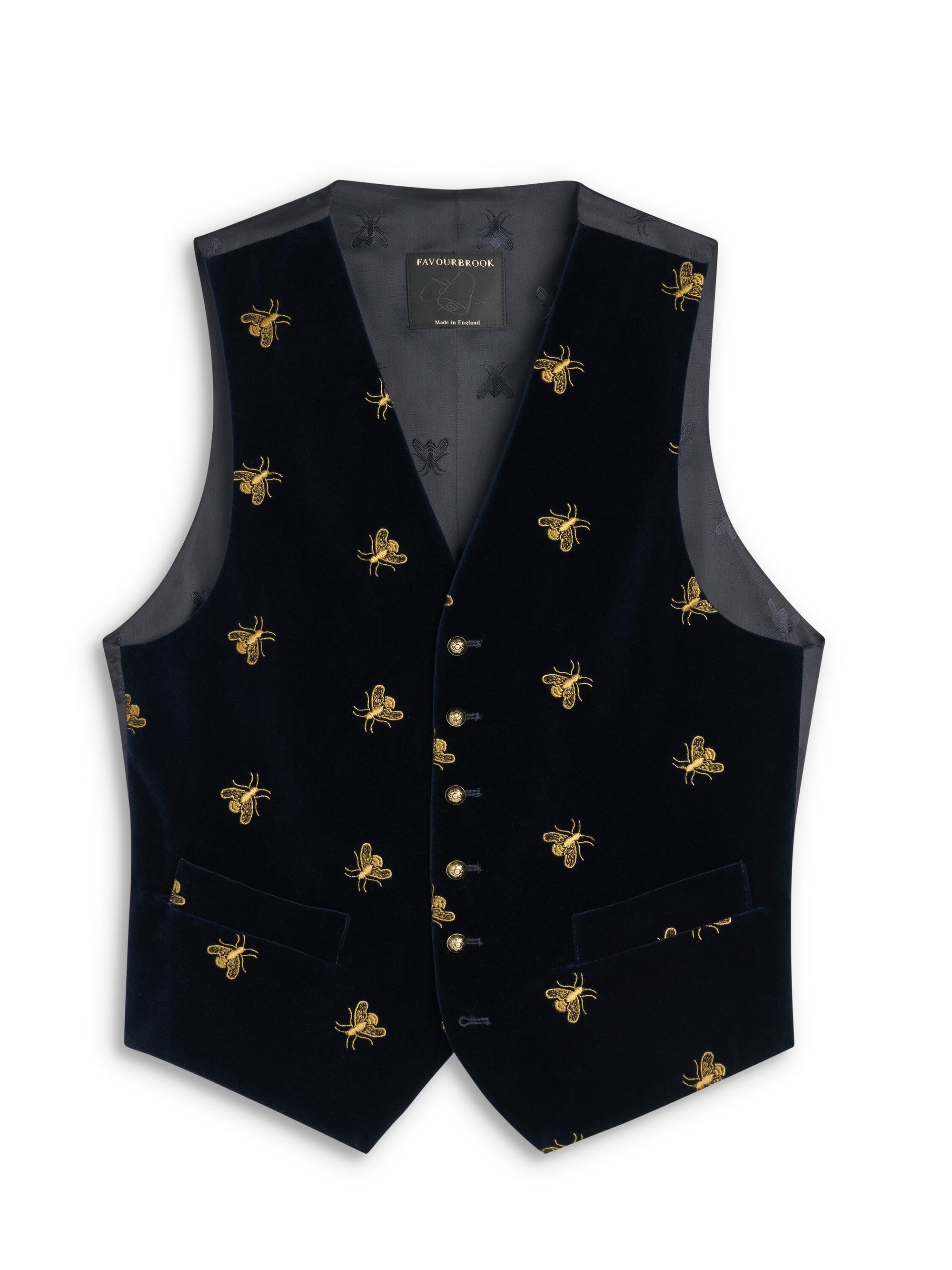 Navy Velvet Gold Bees Single Breasted Waistcoat — flat
