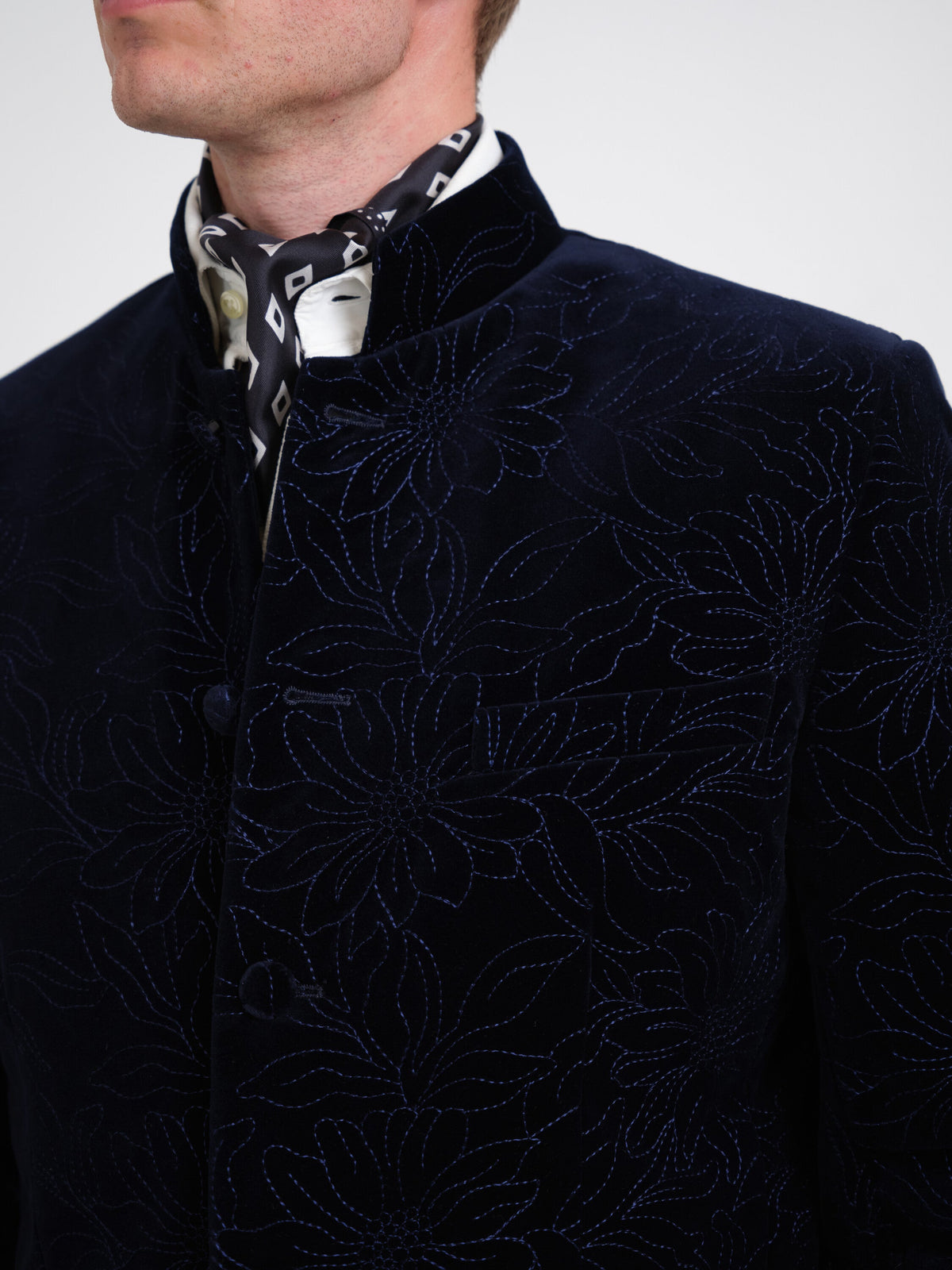 Navy Wardour Nehru Jacket — fabric detail