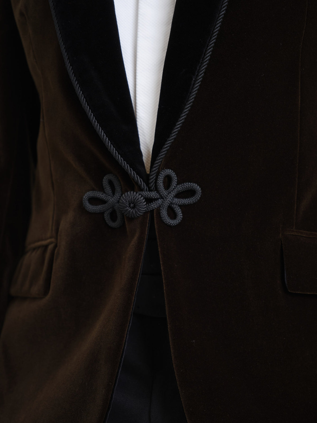Olive Mayfair Velvet Single Breasted Smoking Jacket — fabric detail