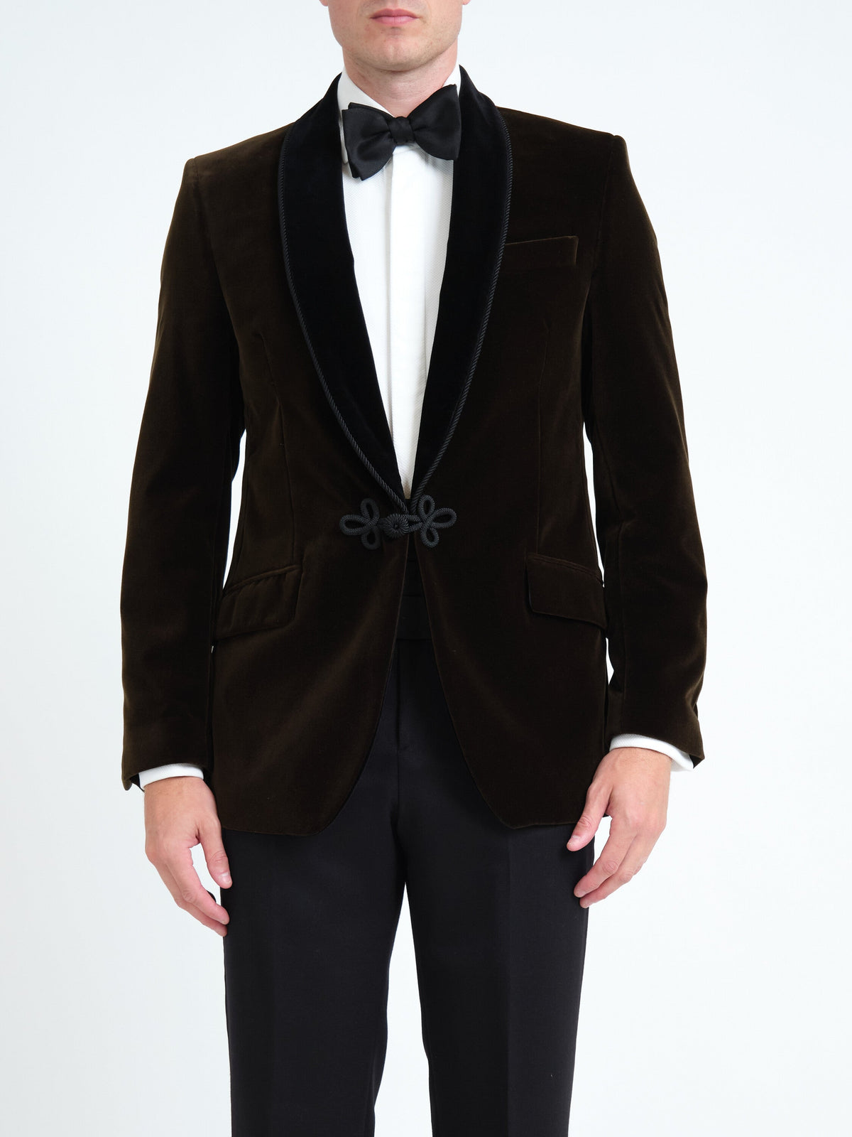 Olive Mayfair Velvet Single Breasted Smoking Jacket — front, cropped