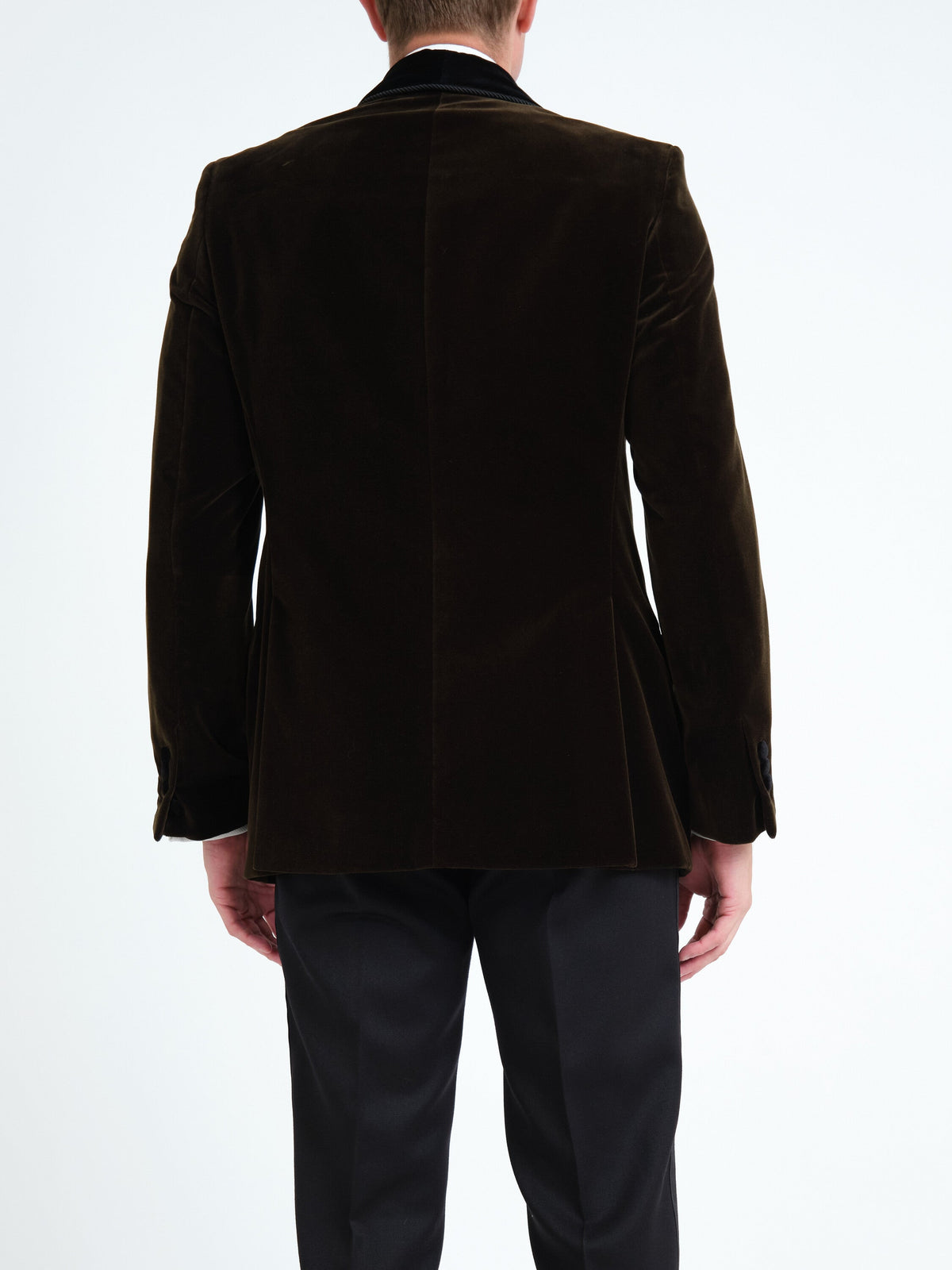 Olive Mayfair Velvet Single Breasted Smoking Jacket — back, cropped