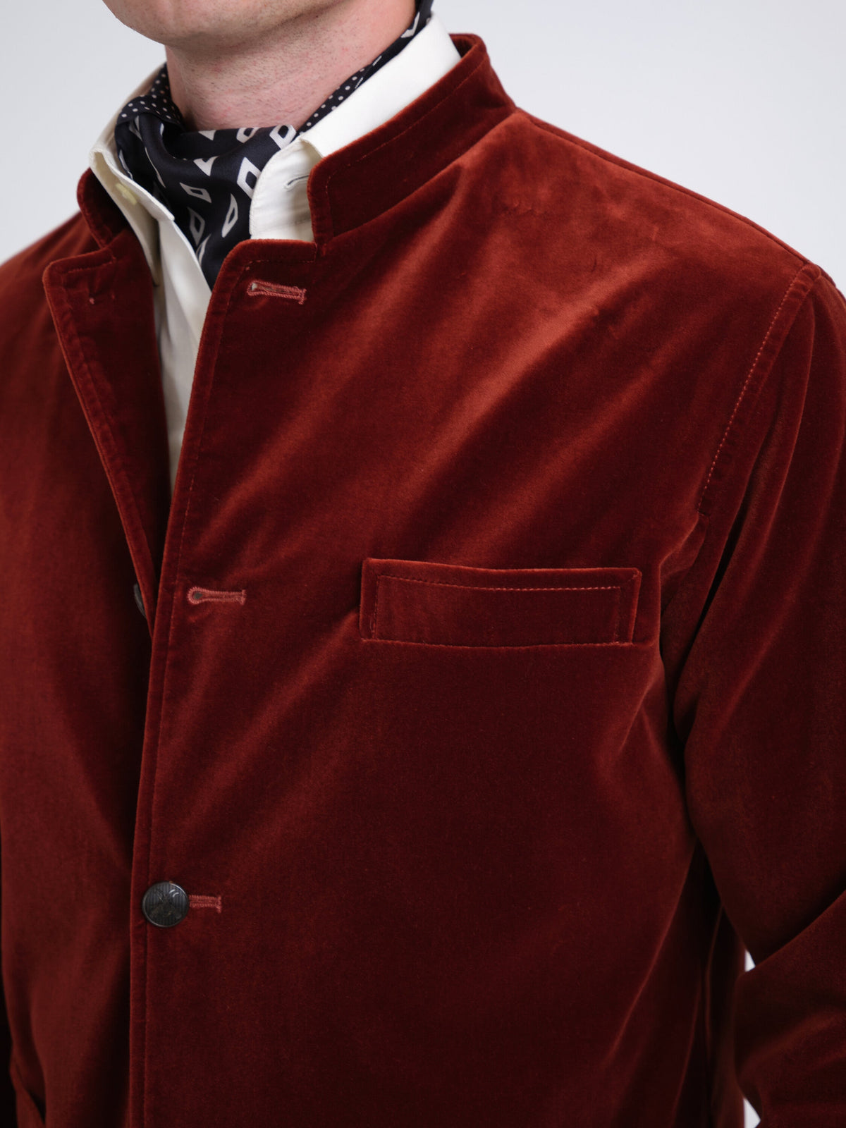 Rust Mayfair Velvet Artist Jacket — fabric detail