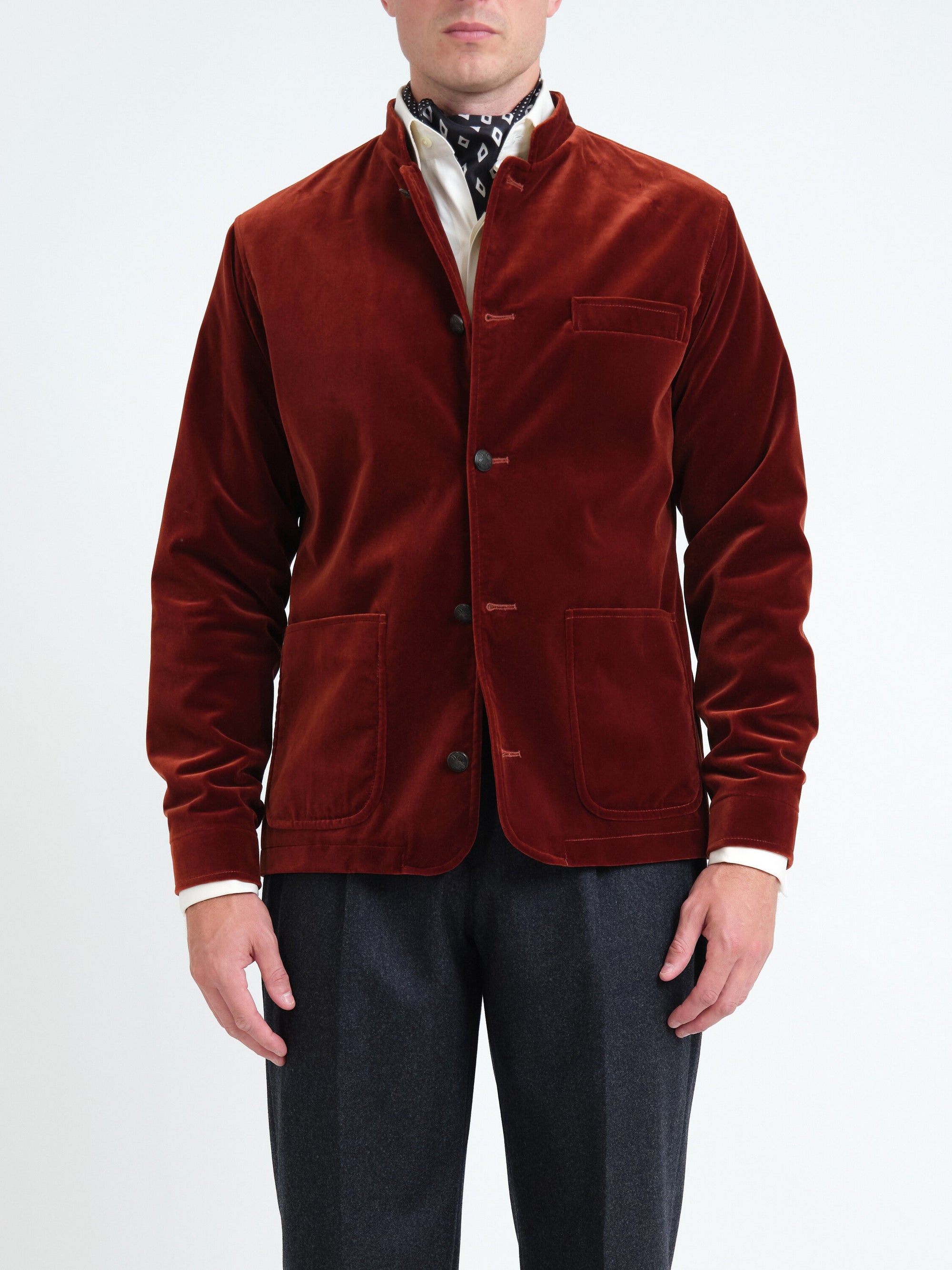 Rust Mayfair Velvet Artist Jacket — front, cropped