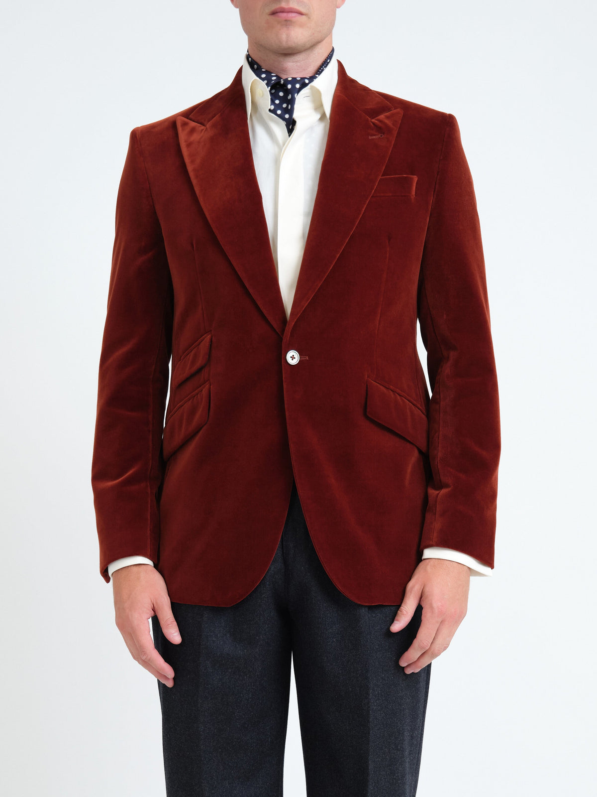Rust Mayfair Velvet Newport Jacket with Ticket Pocket — front, cropped