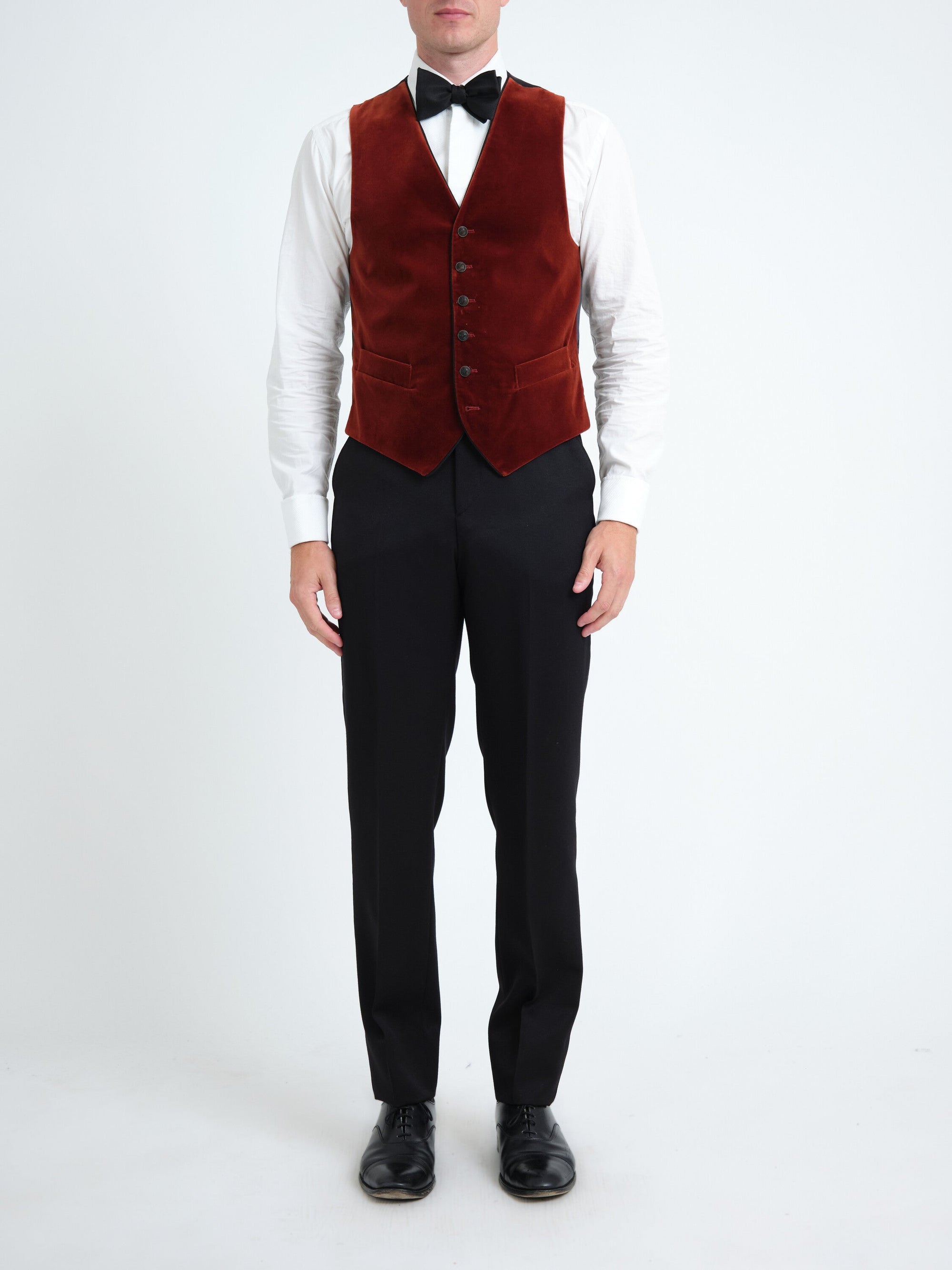 Rust Mayfair Velvet Single Breasted Waistcoat with Piping — front