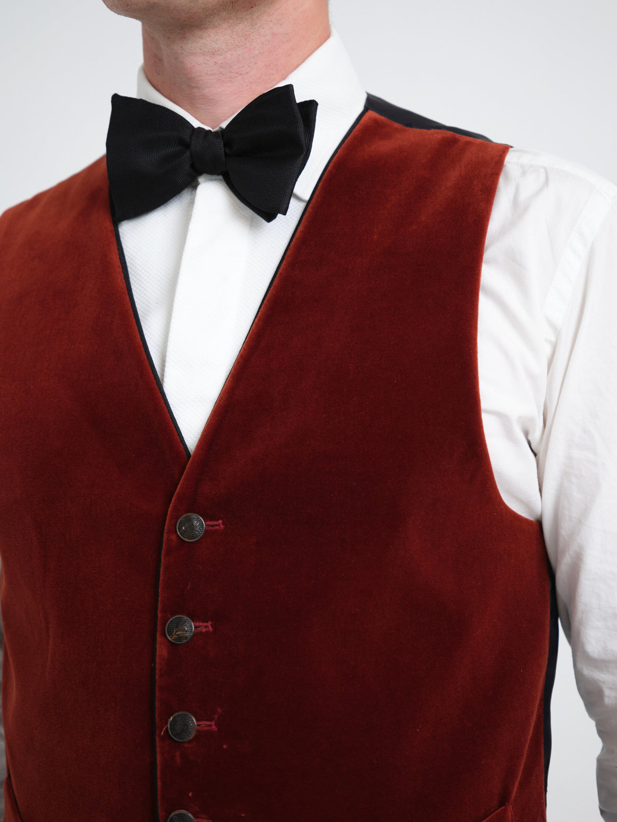 Rust Mayfair Velvet Single Breasted Waistcoat with Piping — fabric detail