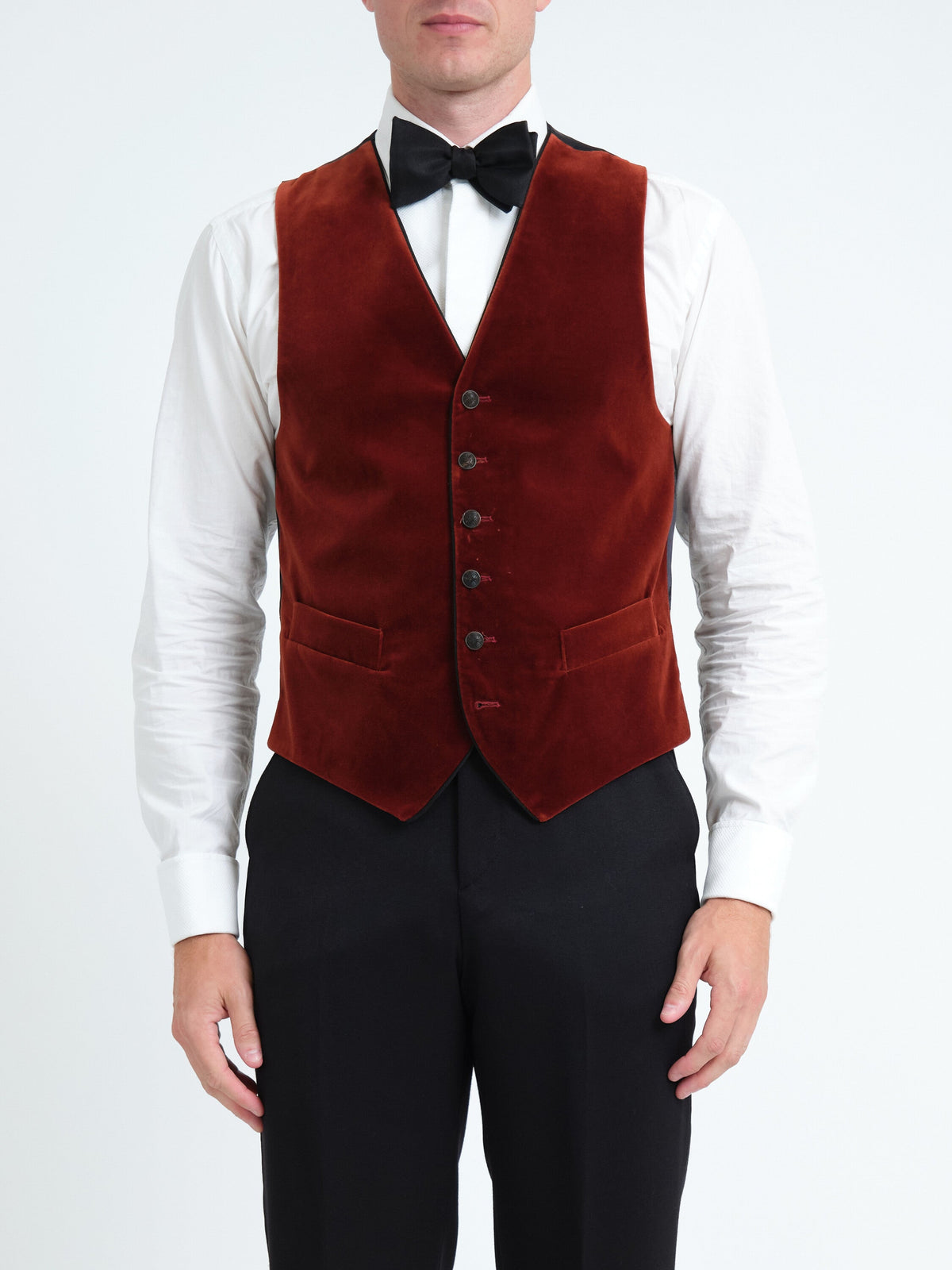Rust Mayfair Velvet Single Breasted Waistcoat with Piping — front, cropped
