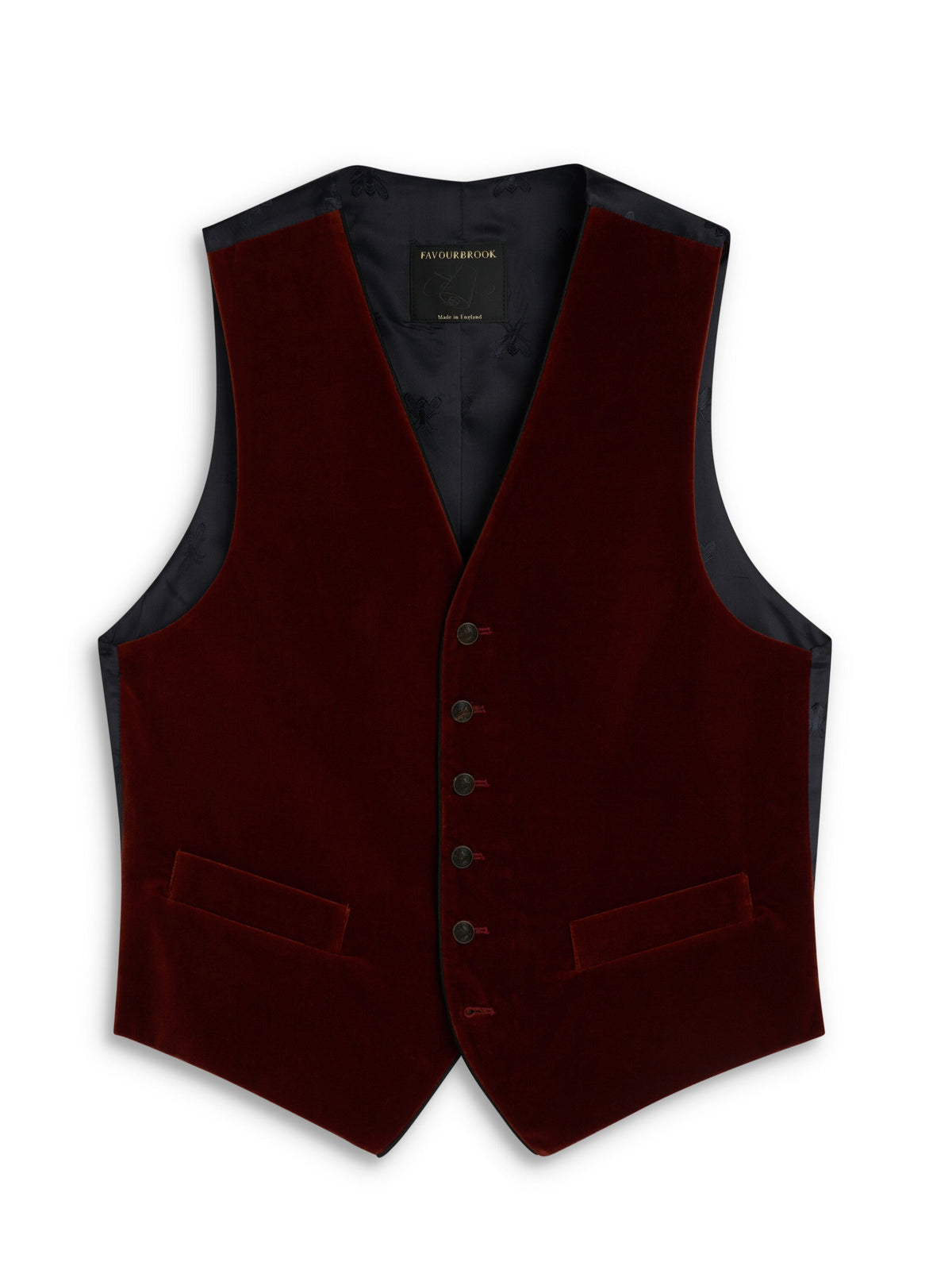 Rust Mayfair Velvet Single Breasted Waistcoat with Piping — flat