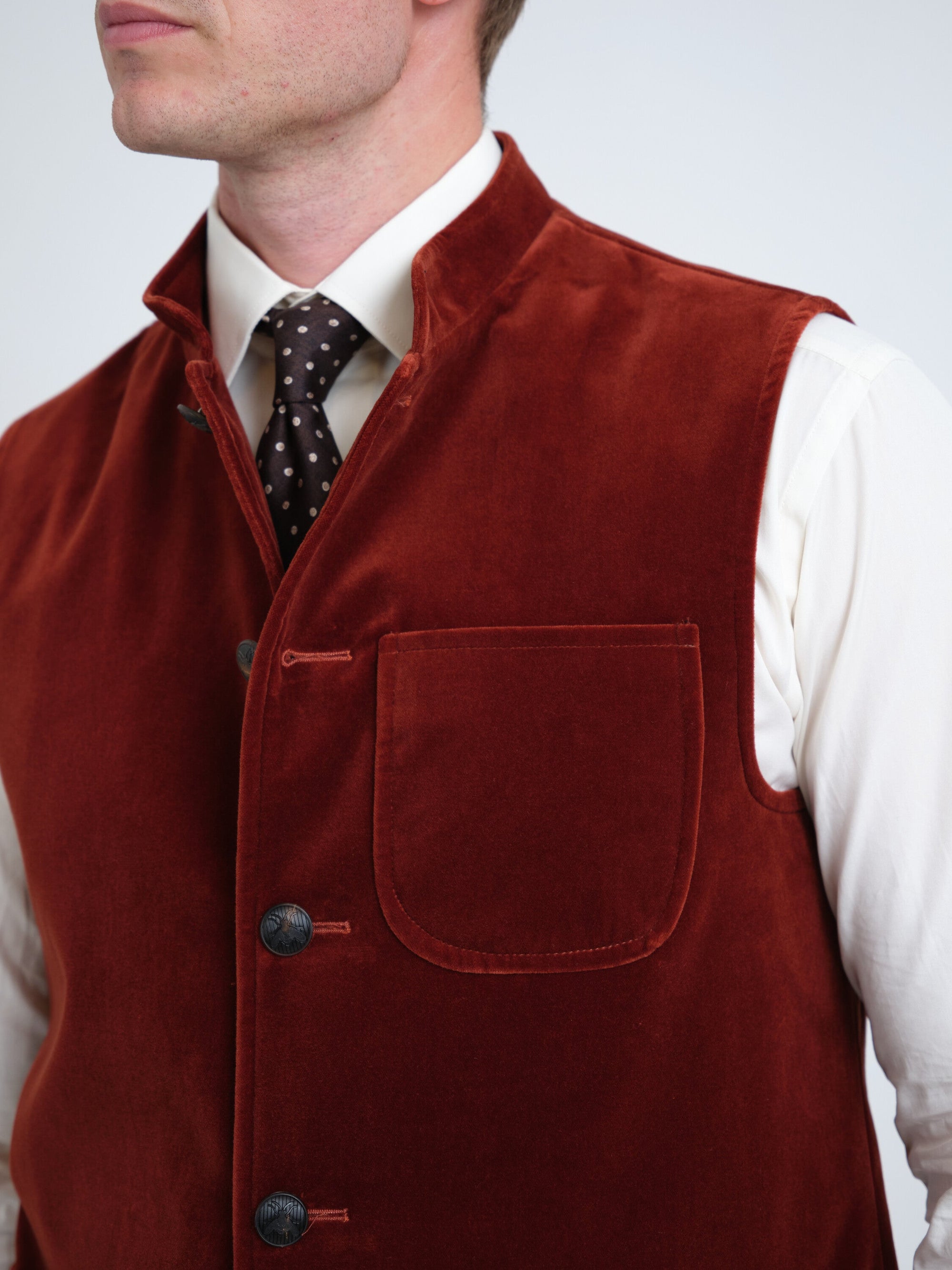 Rust Mayfair Velvet Wiltshire Gilet — fabric detail