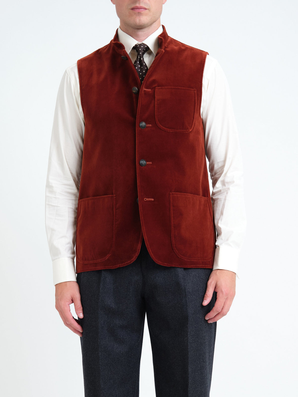 Rust Mayfair Velvet Wiltshire Gilet — front, cropped