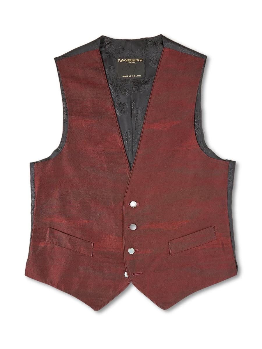 Burgundy Ikat Silk Single Breasted 4 Button Piped Waistcoat
