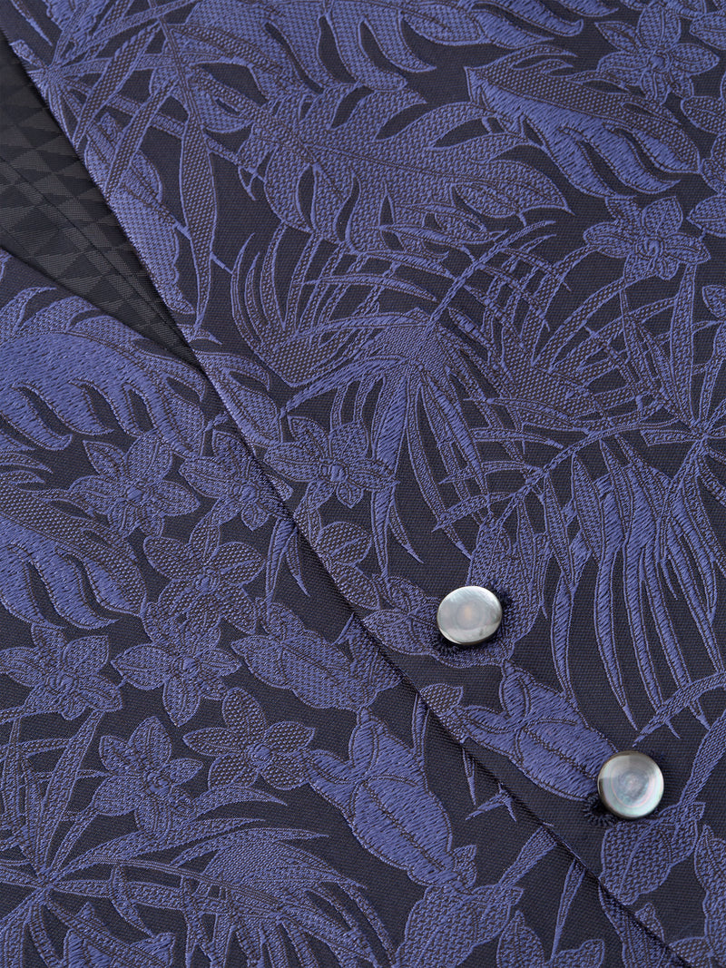 Navy Botanics Silk Single Breasted 4 Button Waistcoat