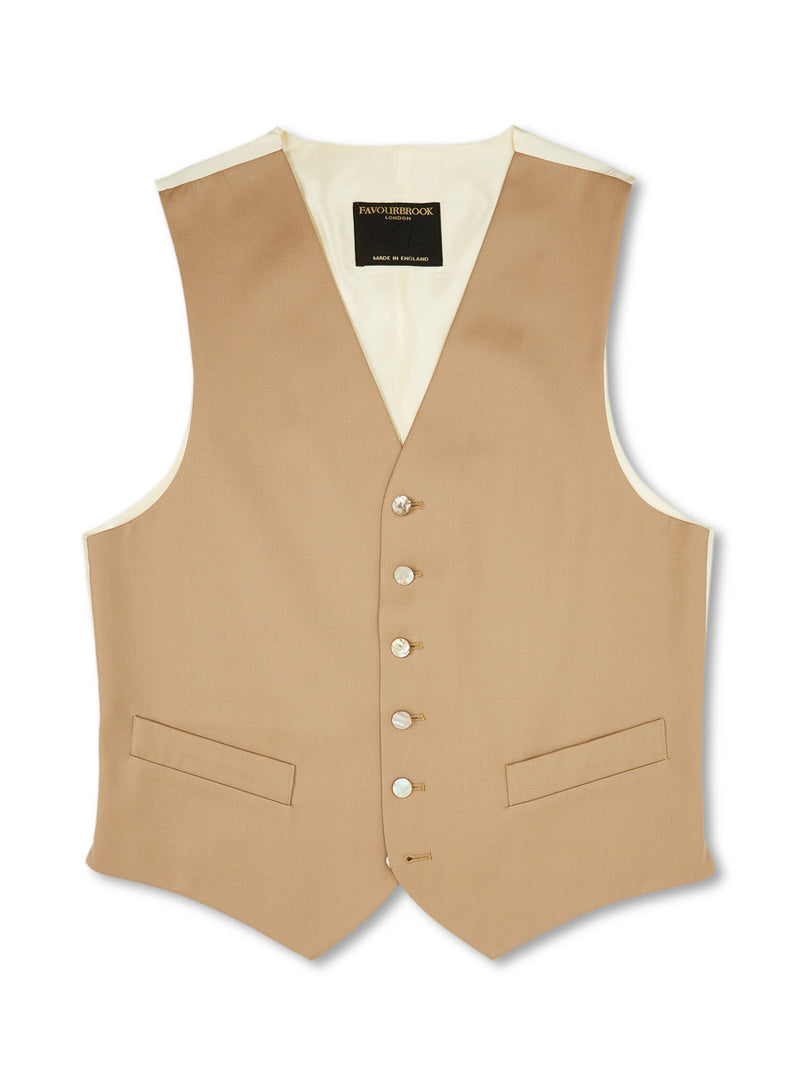 Beige Gabardine Wool Single Breasted 6 Button Waistcoat
