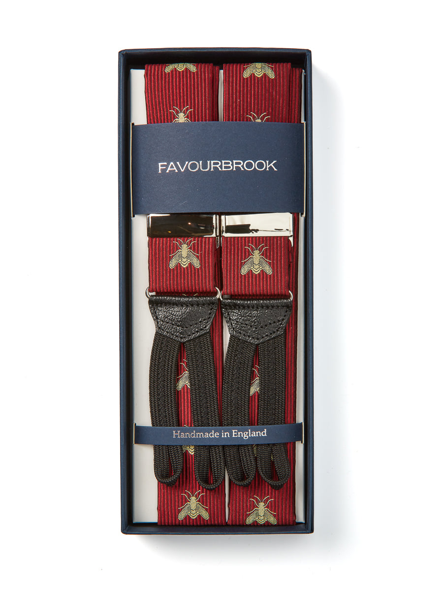 Favourbrook - Leather-Trimmed Silk-Moire Braces - Burgundy Favourbrook