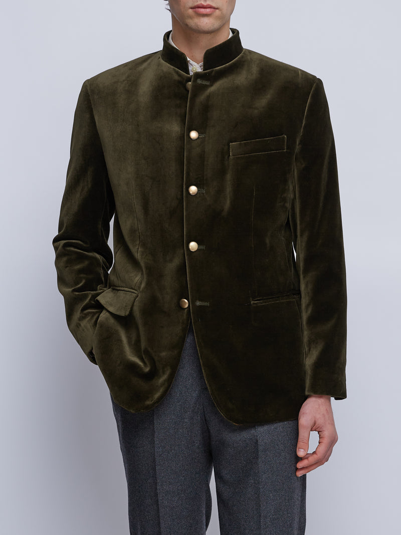 Olive Velvet Nehru Jacket Button Cuff