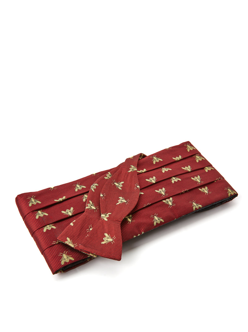 Red Gold Bees Silk Pleated Cummerbund & Bow Tie Set