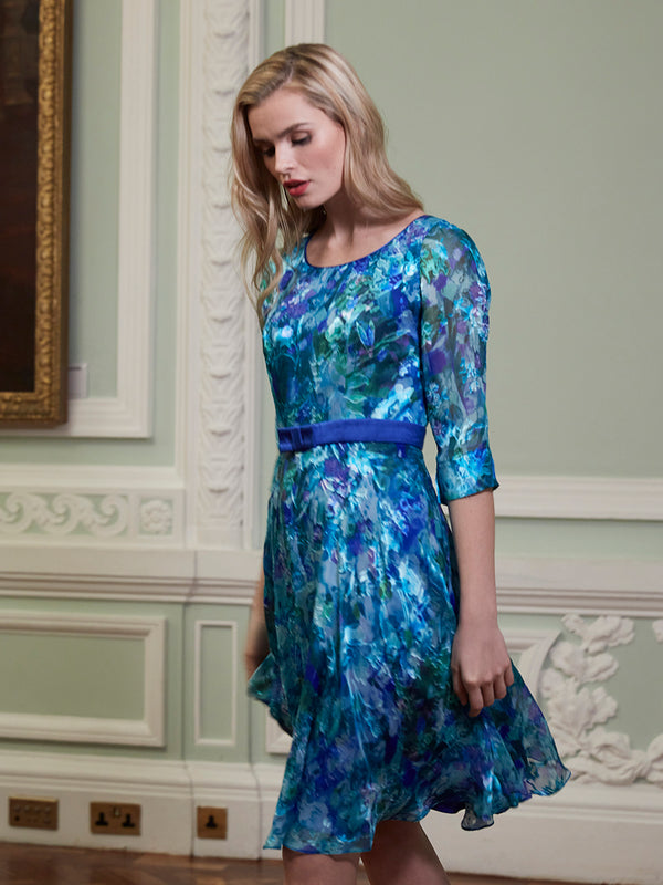 Serena Circle Dress Azure Moreau Silk Devore Chiffon