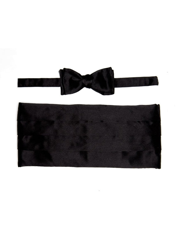 Black Duchesse Satin Silk Pleated Cummerbund & Bow Tie Set