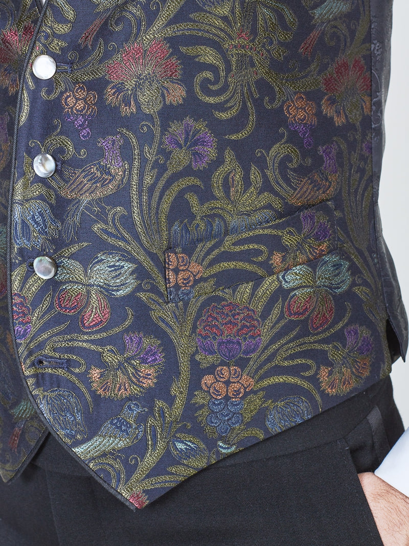 Midnight Davenport Silk Single Breasted 4 Button Piped Waistcoat