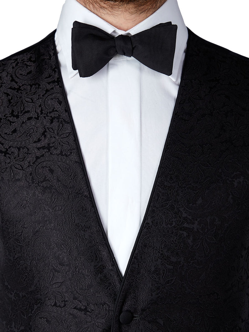 Black Albert Silk Single Breasted 4 Button Piped Waistcoat