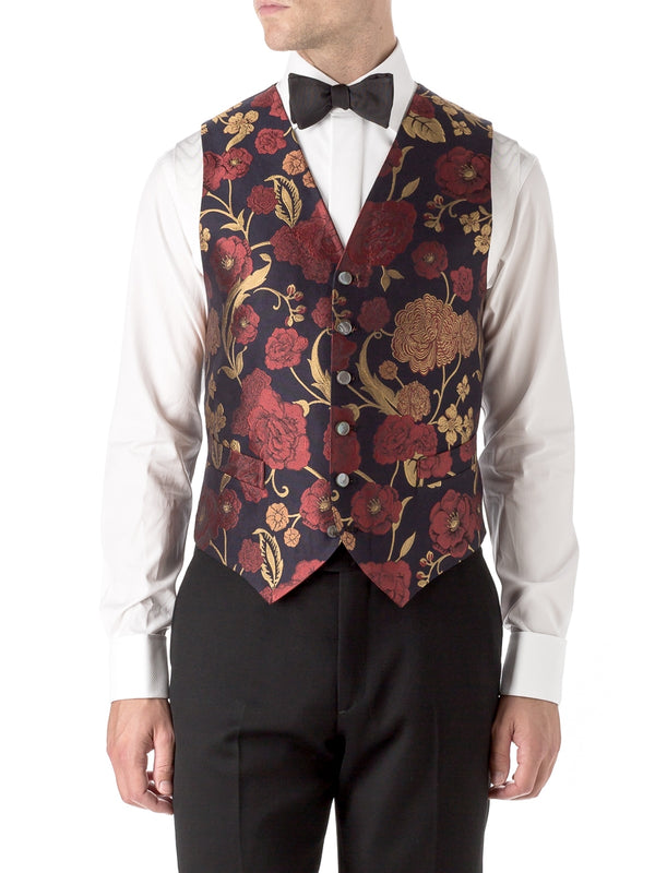 Navy Red Winnington Silk Single Breasted 6 Button Waistcoat