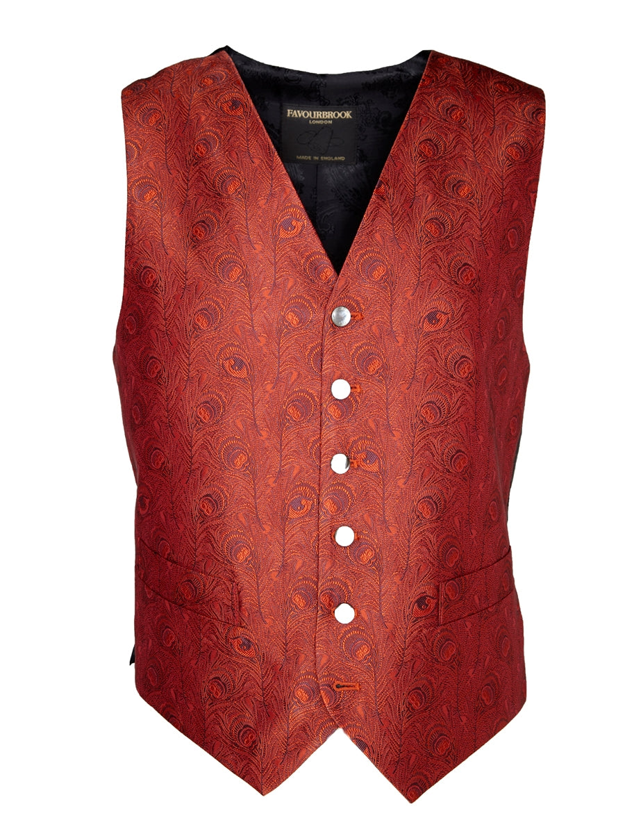 Red Peacock Silk Single Breasted 6 Button Waistcoat