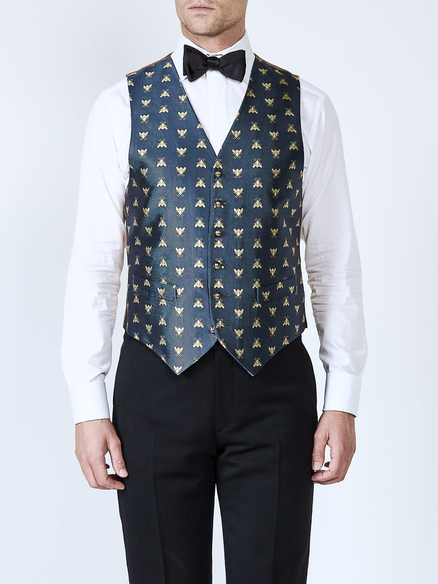Navy Gold Bees Silk Single Breasted 6 Button Waistcoat