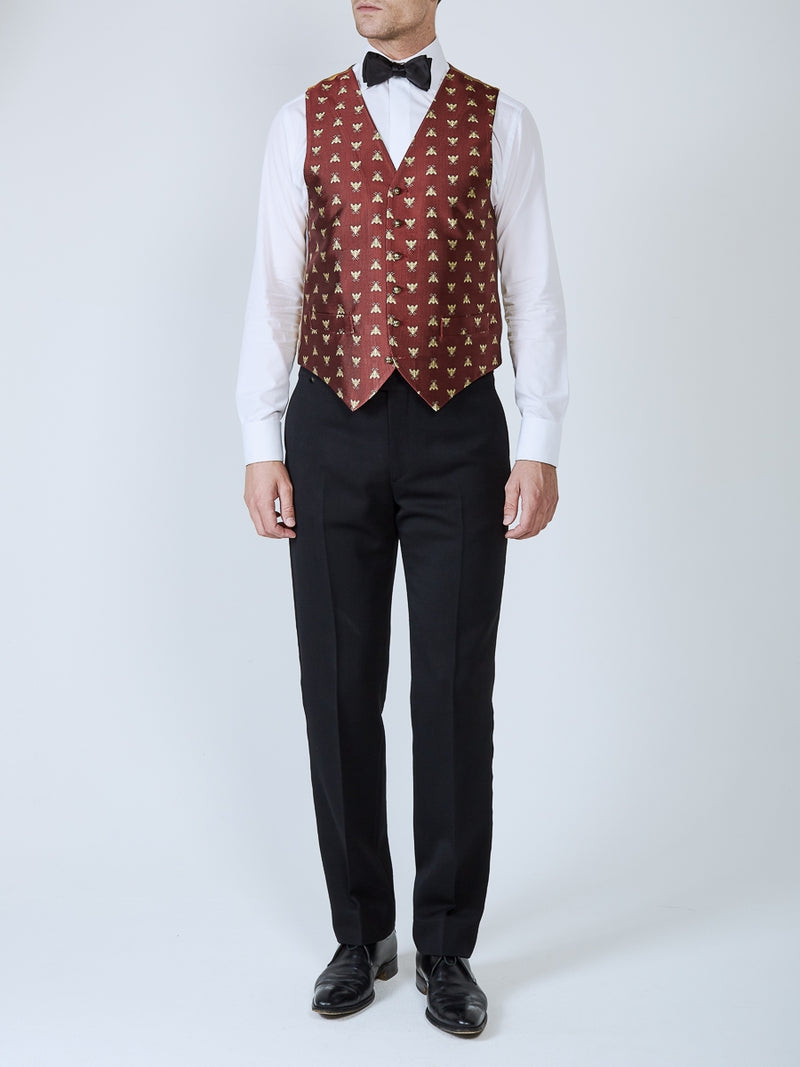 Red Bees Silk Single Breasted 6 Button Waistcoat